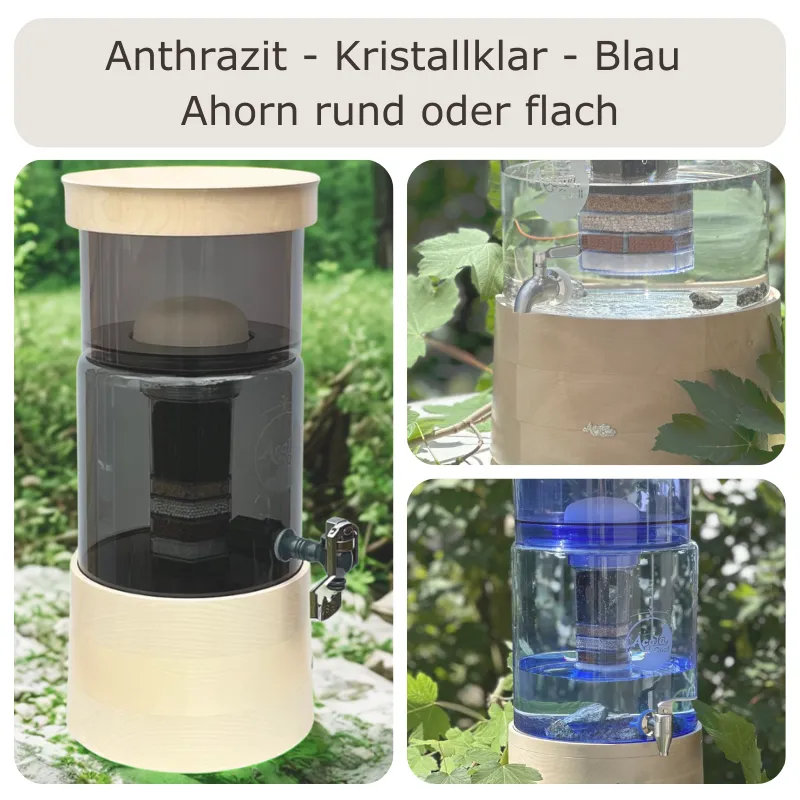 Alle Farbvarianten des AcalaQuell Mini Wasserfilters mit Deckel und Sockel aus Ahorn-Echtholz in einer gemeinsamen Übersicht.