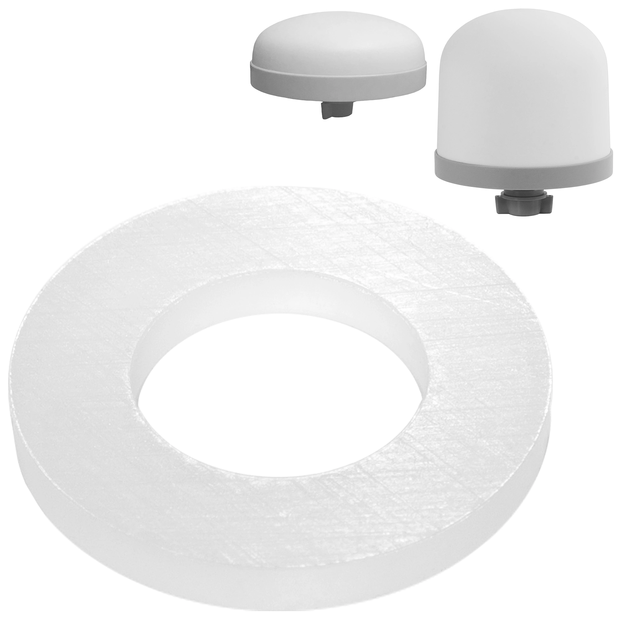 Zu sehen ist eine runde, weiße Silikondichtung für den Keramik Vorfilter der Acala Standwasserfilter in Großaufnahme vor weißem Hintergrund. Darüber sieht man beide Modelle der Keramik Vorfilter in klein abgebildet.