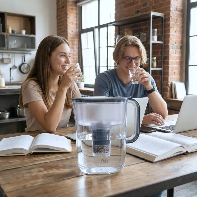 Zwei junge Menschen sitzen bei lernen und im Vordergrund steht der Kannenfilter Taro