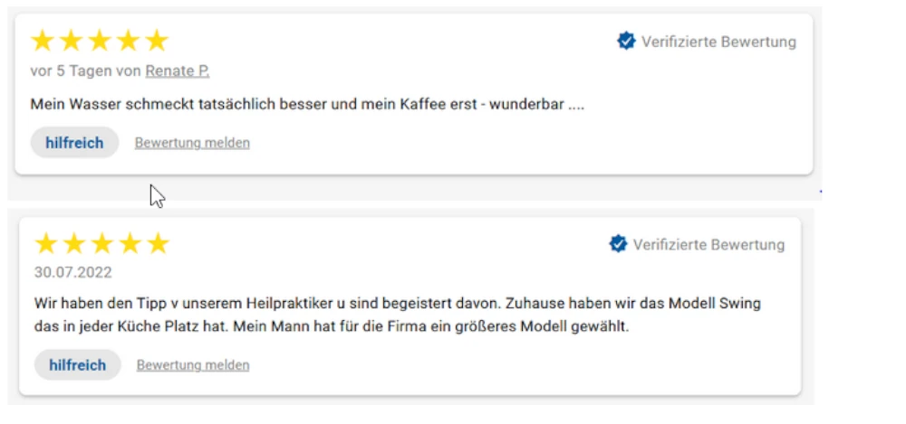 Zu sehen ist ein Bildschirmausschnitt von zwei Kundenbewertungen mit fünf Sternen. Dieses Bild zeigt einen Teil der Kundenerfahrungen von Acala.