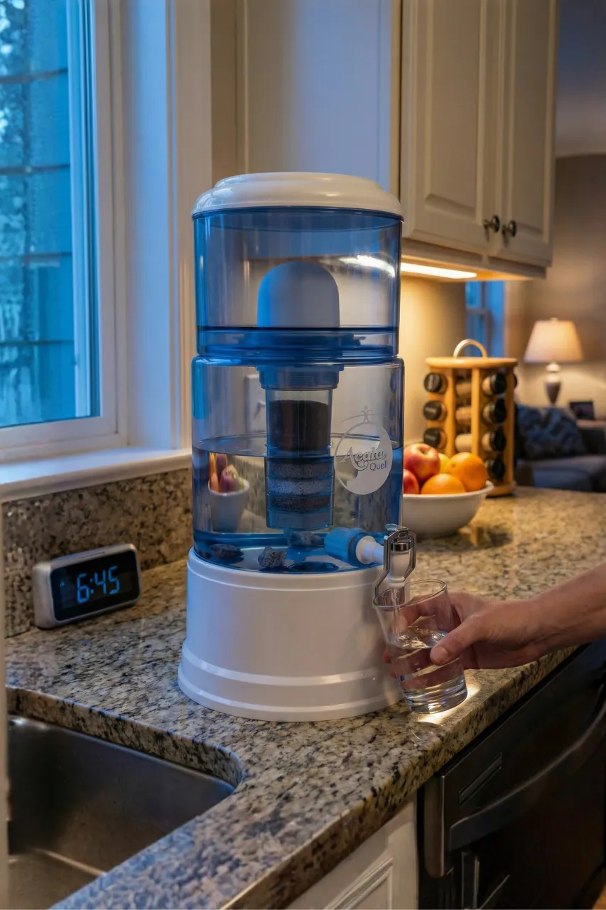 Küche in Abendlicher Stimmung und ein Standfilter von Acala, bei dem gerade ein Glas Wasser abgezapft wird