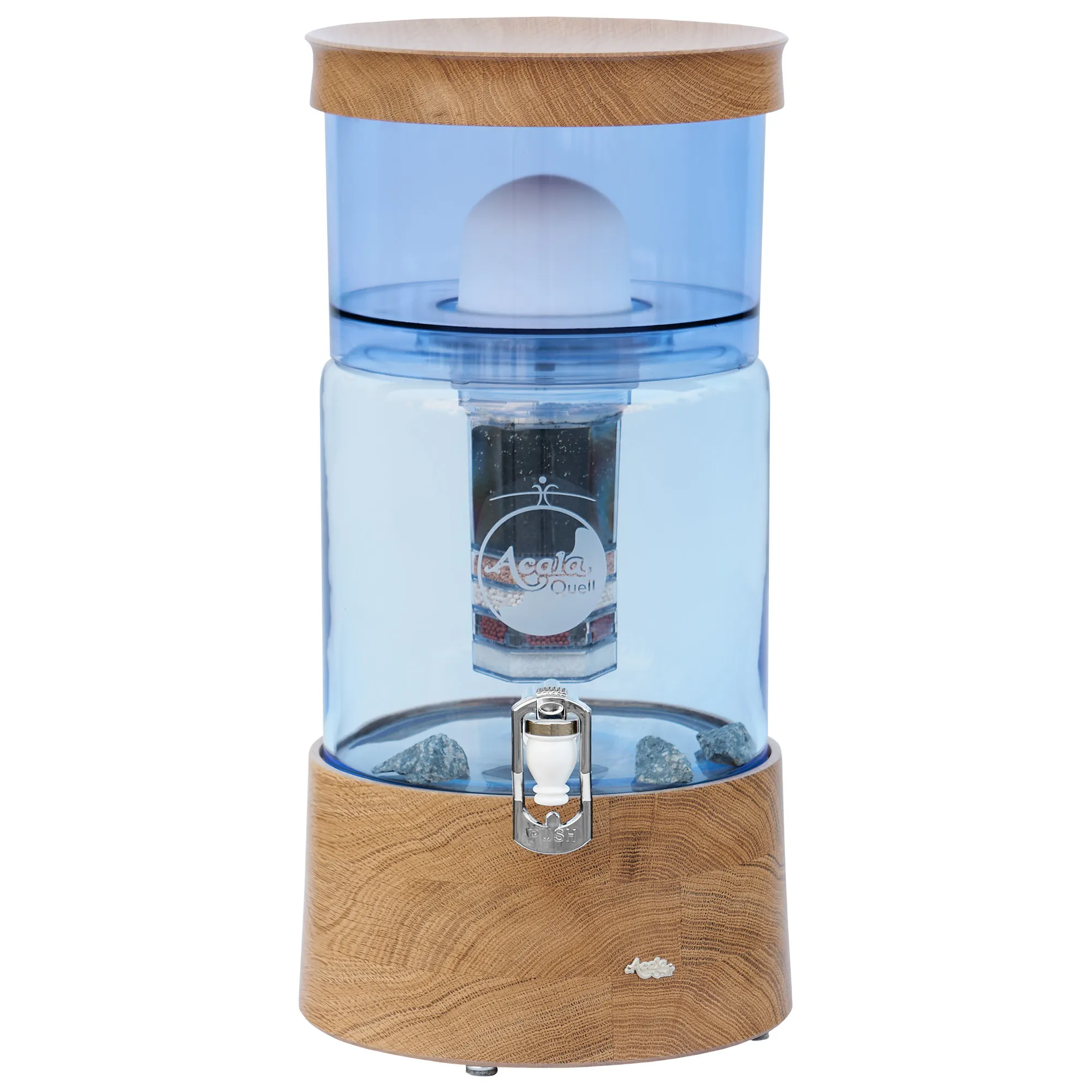 Ein AcalaQuell Smart mit Glastank in blau und Eiche Echtholz Sockel und Deckel, weißer Hintergrund.