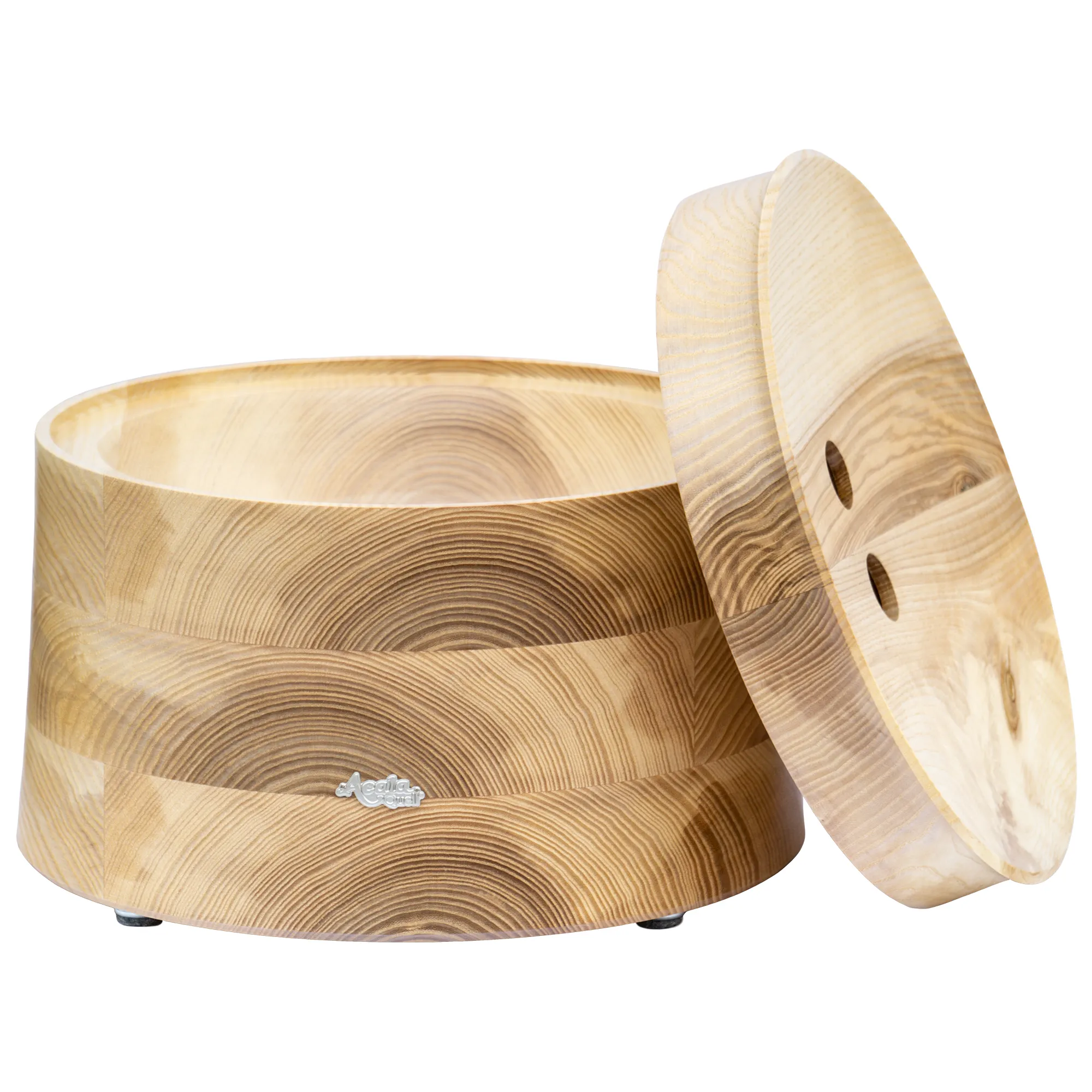 Sockel und Deckel aus Esche Echtholz für die Acala Stand Wasserfilter vor weißem Hintergrund.