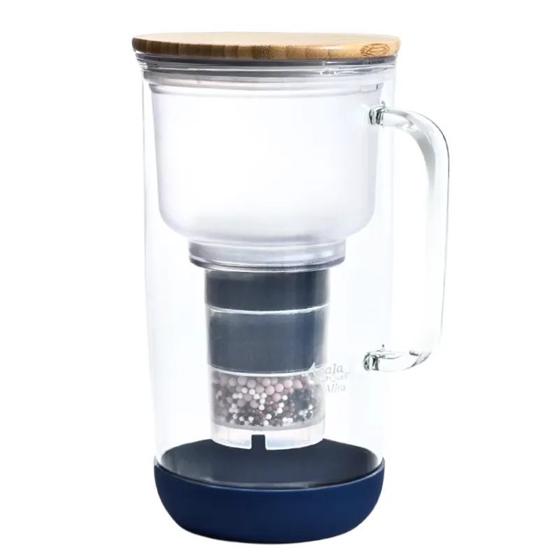 Wasserfilter-Kanne aus Glas mit Bambusholzdeckel und Stoßschutz blau