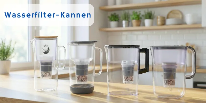 in einer Küche stgehen 4 verschiedene Wasserfilterkannen auf der Theke