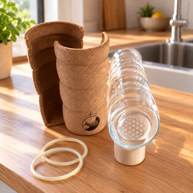 Arkala Quell Glasflasche mit einer Ummantelung aus Kork Auf dem Bild kann man sehen wie das abgenommen wird und dass es mit 2 Kautschukgummis zusammengehalten wird