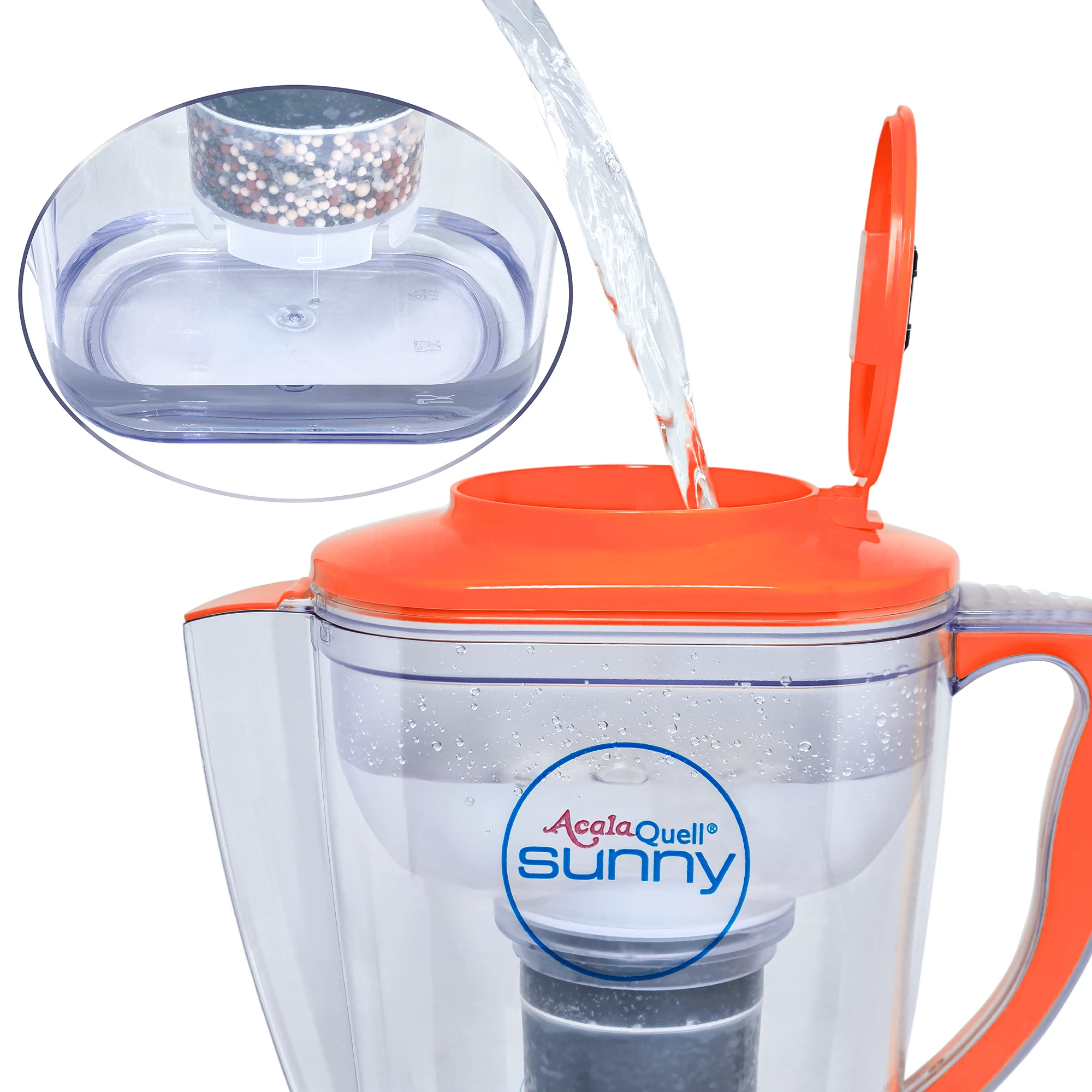 Zu sehen ist der obere Teil des Sunny mit Deckel, und Griff in orange, weißer Hintergrund. Der Deckel ist geöffnet, Wasser läuft hinein. Darüber ein kleines Bild mit einem Ausschnitt des unteren Tanks, man sieht die letzte Schicht der Filterkartusche.