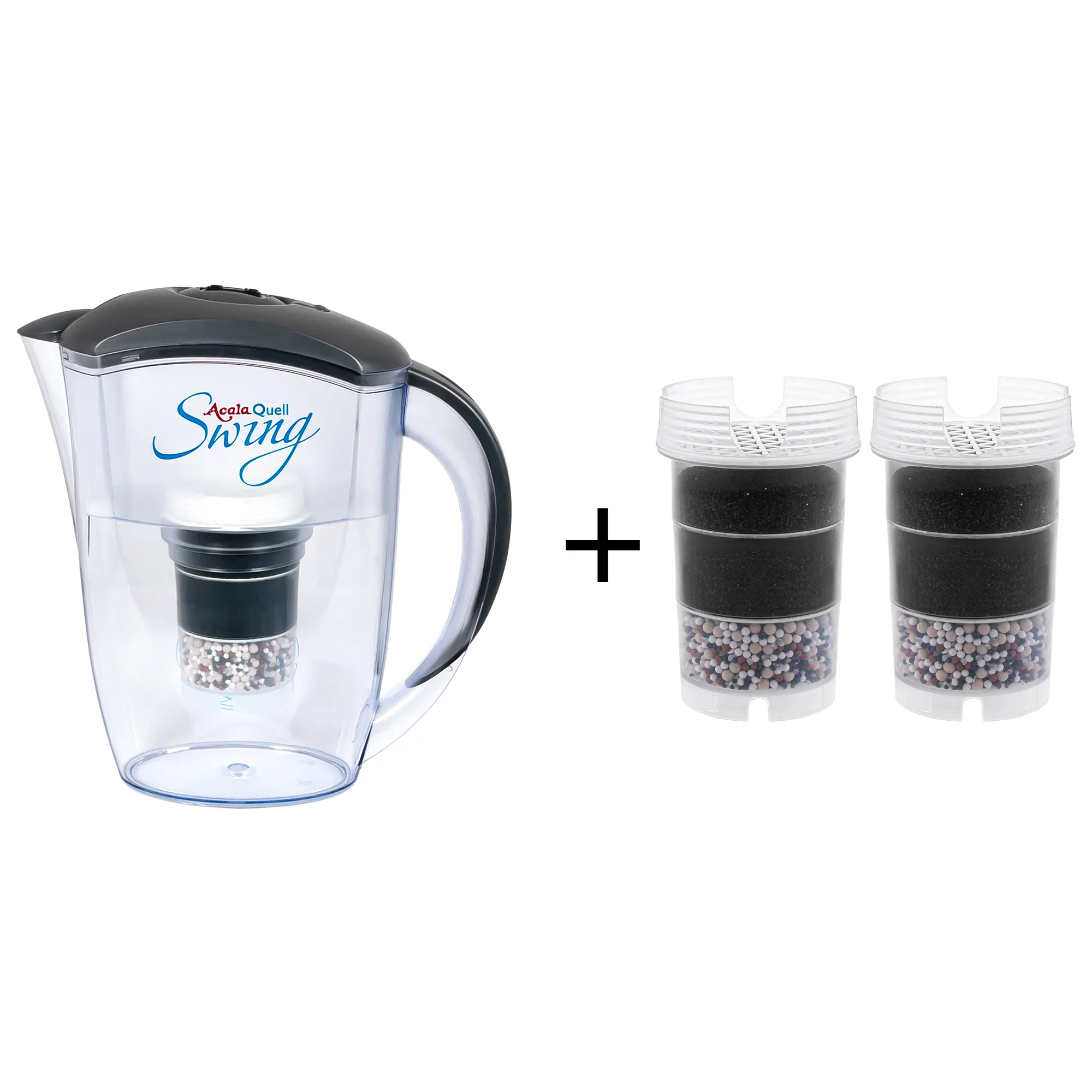 AcalaQuell® Swing - kleines Einsteigerpaket Acala Quell Kannen Wasserfilter Swing mit Deckel und Griff in anthrazit inklusive einer Filterkartusche und einem Mikroschwamm plus zwei Filterkartuschen. Mit diesem kleinen Einsteigerpaket ist man für ein halbes Jahr versorgt.