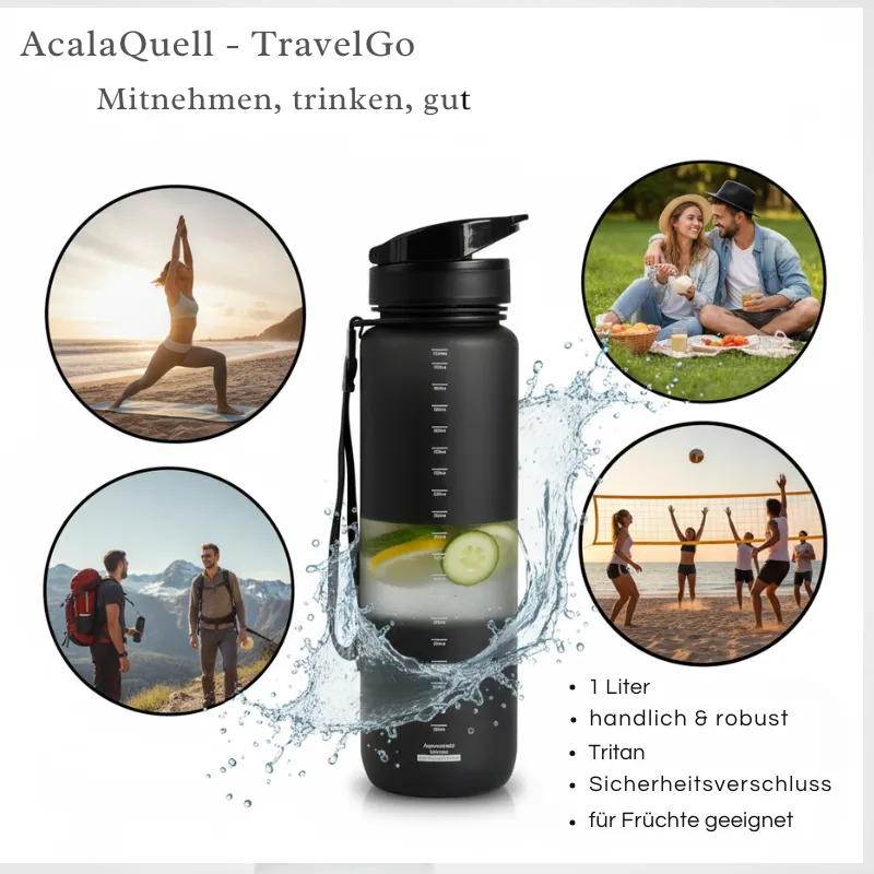 Die Travel go ein Liter Tritantrinkflasche umringt von Bildern für die Freizeit
