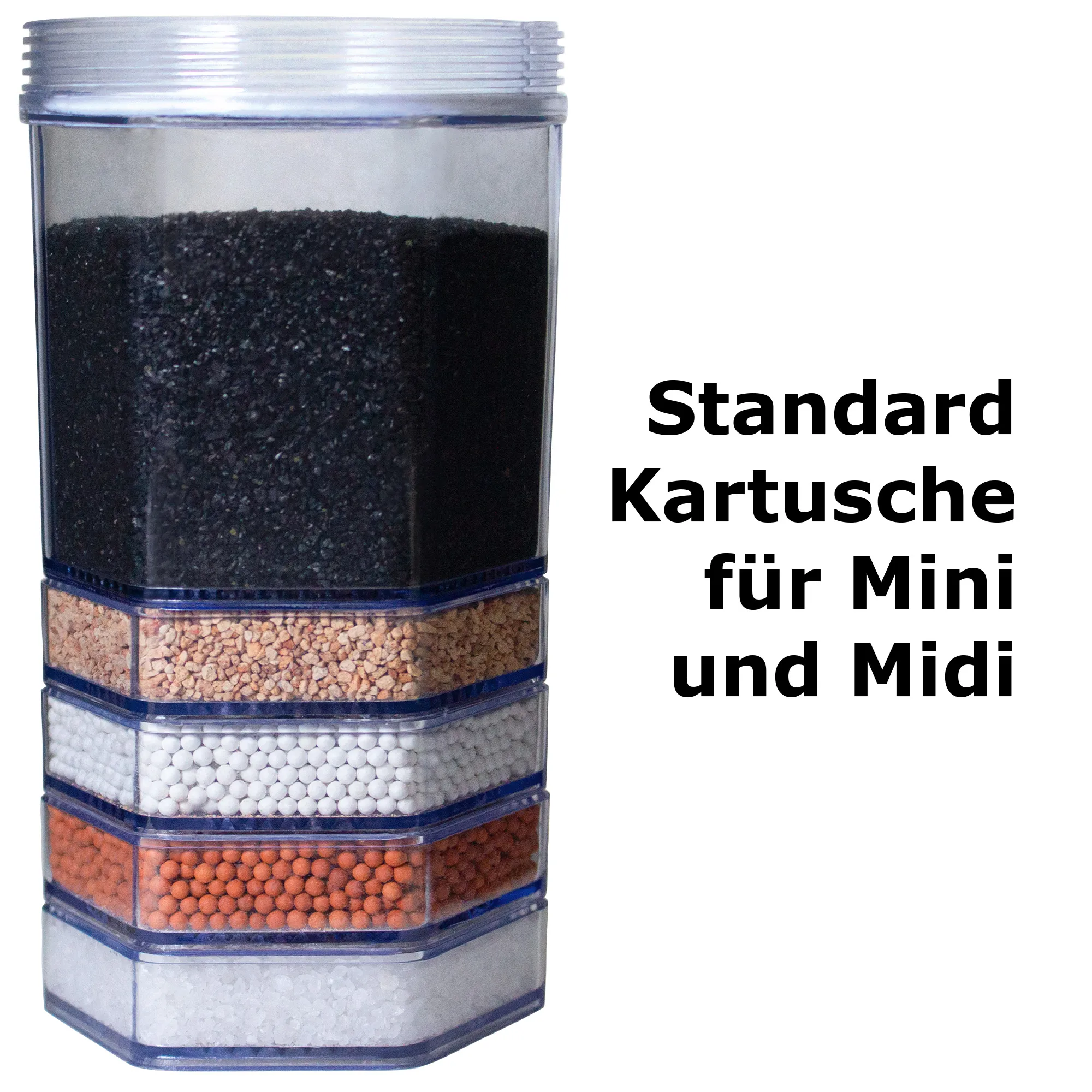 AcalaQuell® Premium Kartusche für AcalaQuell® Mini und Midi Eine Premium Filterkartusche für die Acala Stand Wasserfilter. Rechts daneben stehen in schwarzer, fetter Schrift die Worte Standard Kartusche für Mini und Midi.