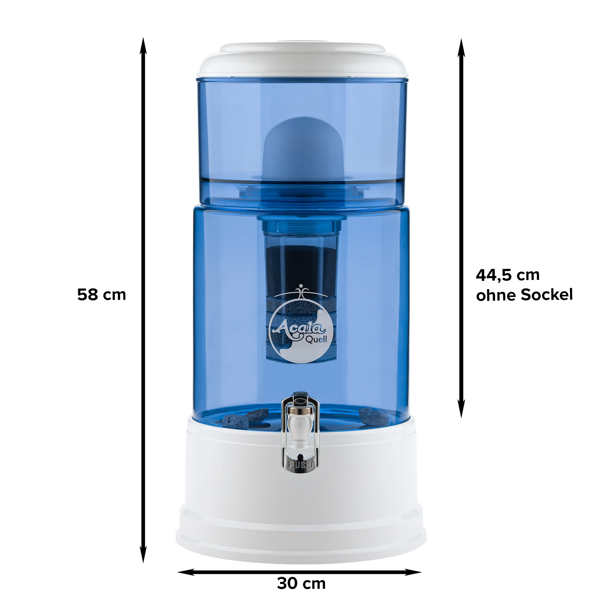 Zu sehen ist der Wasserfilter Grande in blau-weiß inklusive Filterkartusche und Keramikfilter, weißer Hintergrund. Sockel, Deckel und Hahn in weiß, 10L Glastank und oberer Einfüllbehälter in blau. Seitlich und unten am Filter stehen Maße.