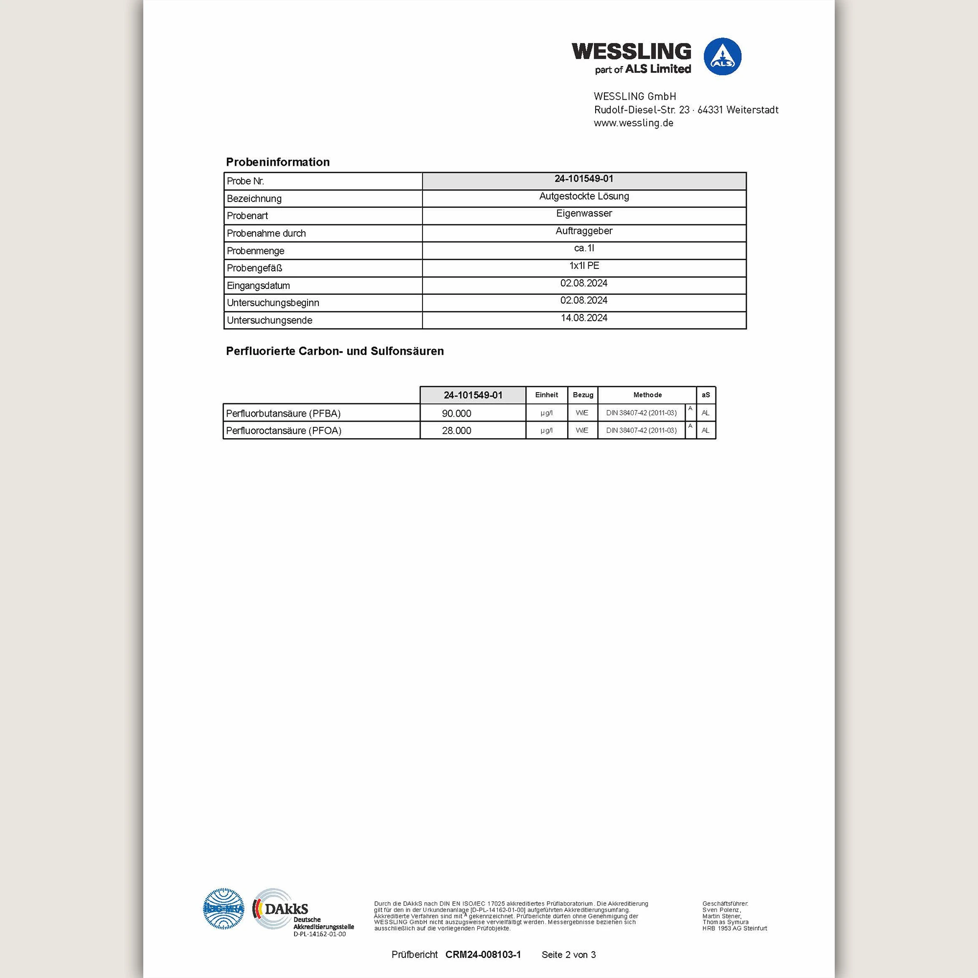 Seite 2 PFAS Labortest AcalaQuell Wasserfilter.