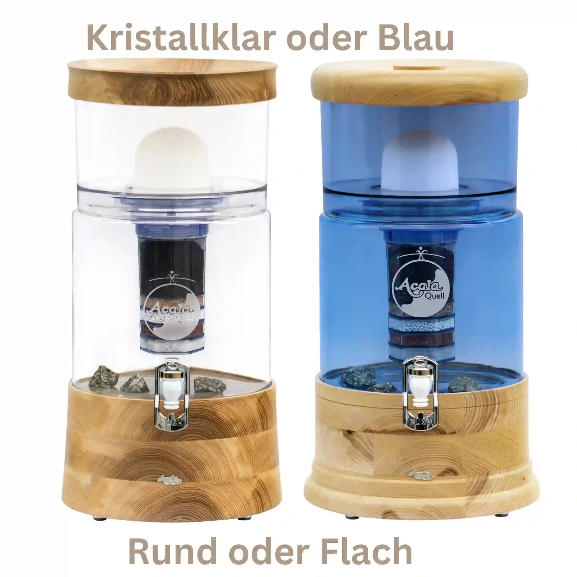 2 Wasserfilter Smart mit Echtholz Esche- einer mit blauen Glas und einer mit klarem Glastank, weißer Hintergrund.
