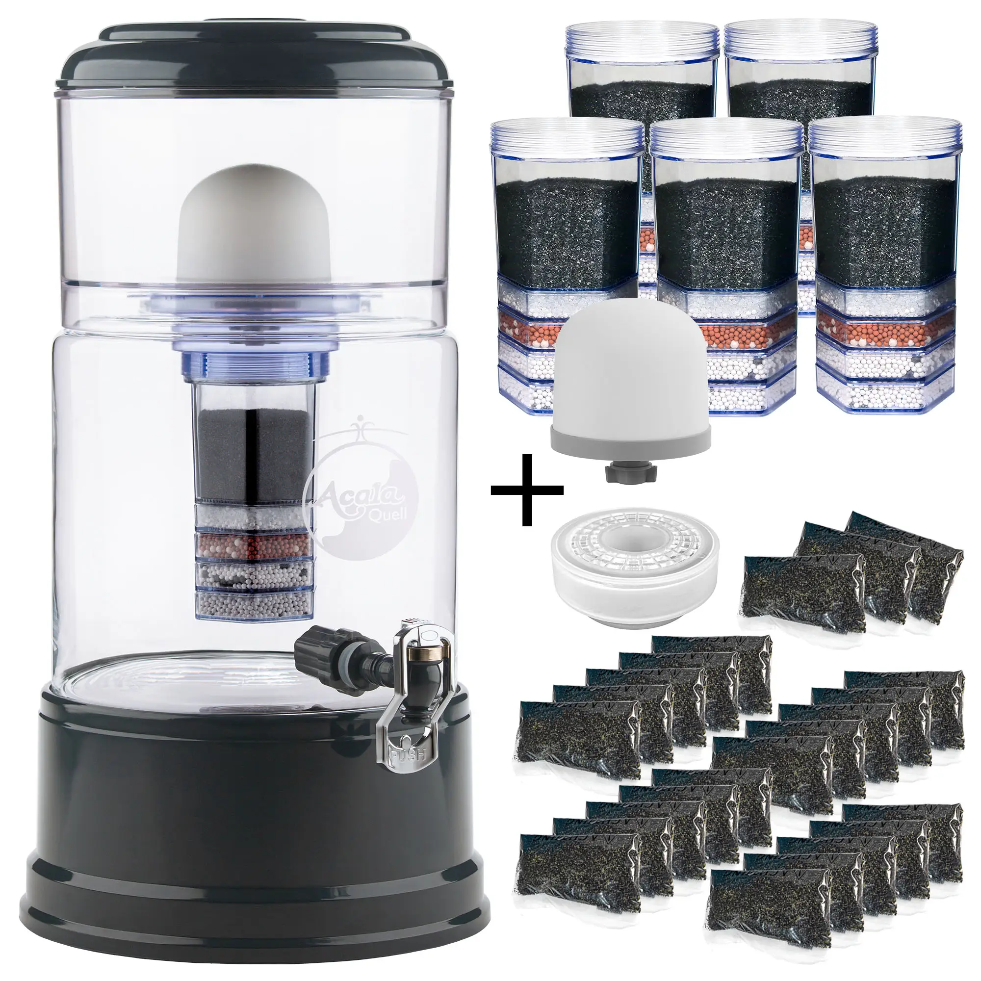 großes Einsteigerpaket AcalaQuell® Advanced Kristallklar/Anthrazit Zu sehen ist der Acala Advanced in kristallklar-anthrazit inklusive Filterkartusche + Keramikfilter. Zusätzlich sieht man 5 Filterkartuschen, eine Kalkfilterdose, 23 Kalknachfüllbeutel + 1 Keramikfilter. Man sieht das große Einsteigerpaket für 2 Jahre.