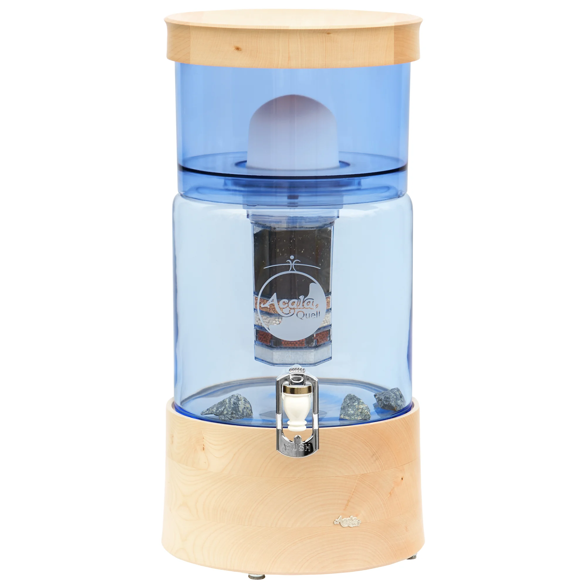 AcalaQuell Smart mit Glastank in blau und Echtholz Deckel und Sockel aus Ahorn, weißer Hintergrund.