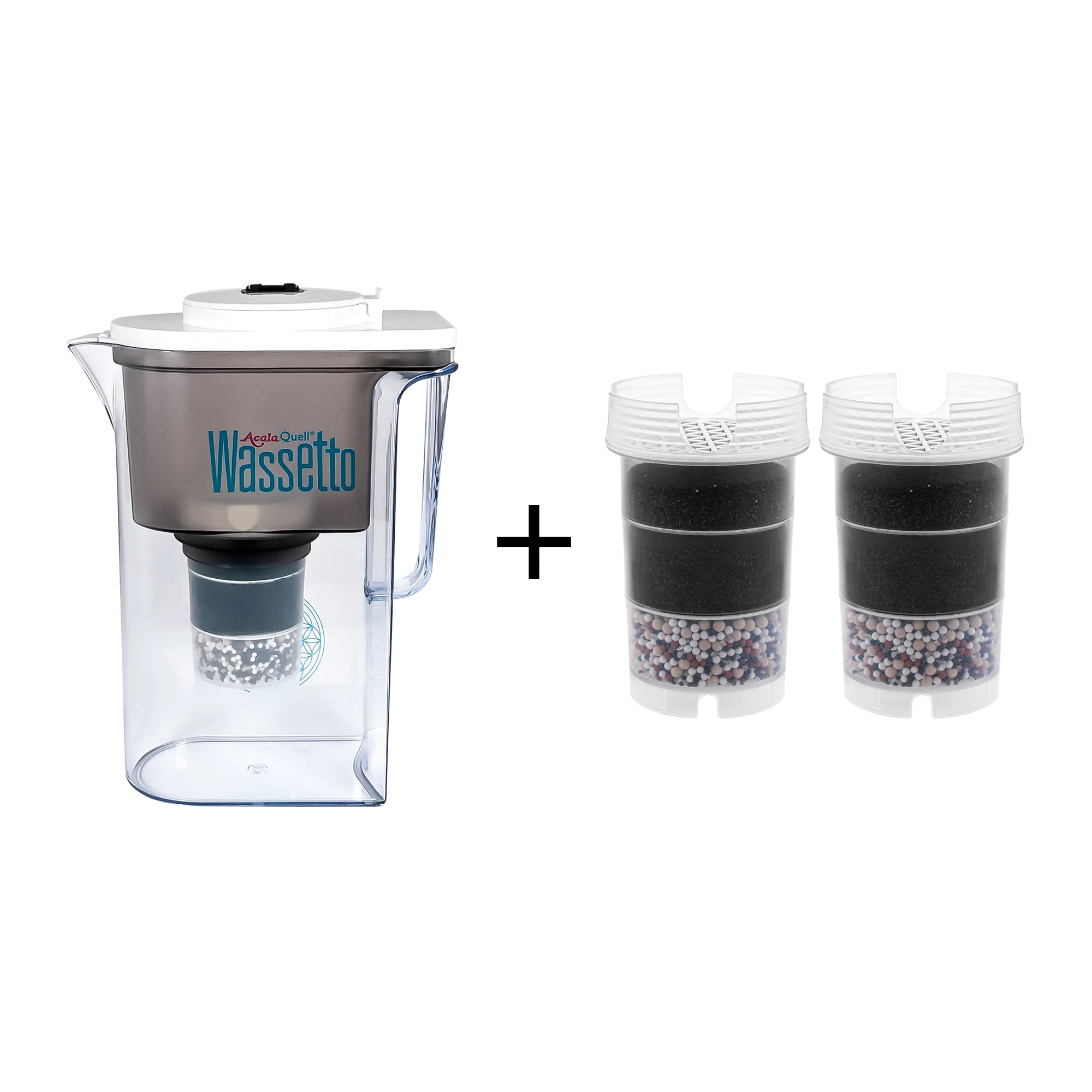 AcalaQuell® Wassetto - kleines Einsteigerpaket Acala Quell Kannen Wasserfilter Wassetto mit Deckel in weiß inklusive einer Filterkartusche und einem Mikroschwamm plus zwei Filterkartuschen. Mit diesem kleinen Einsteigerpaket ist man für ein halbes Jahr versorgt.