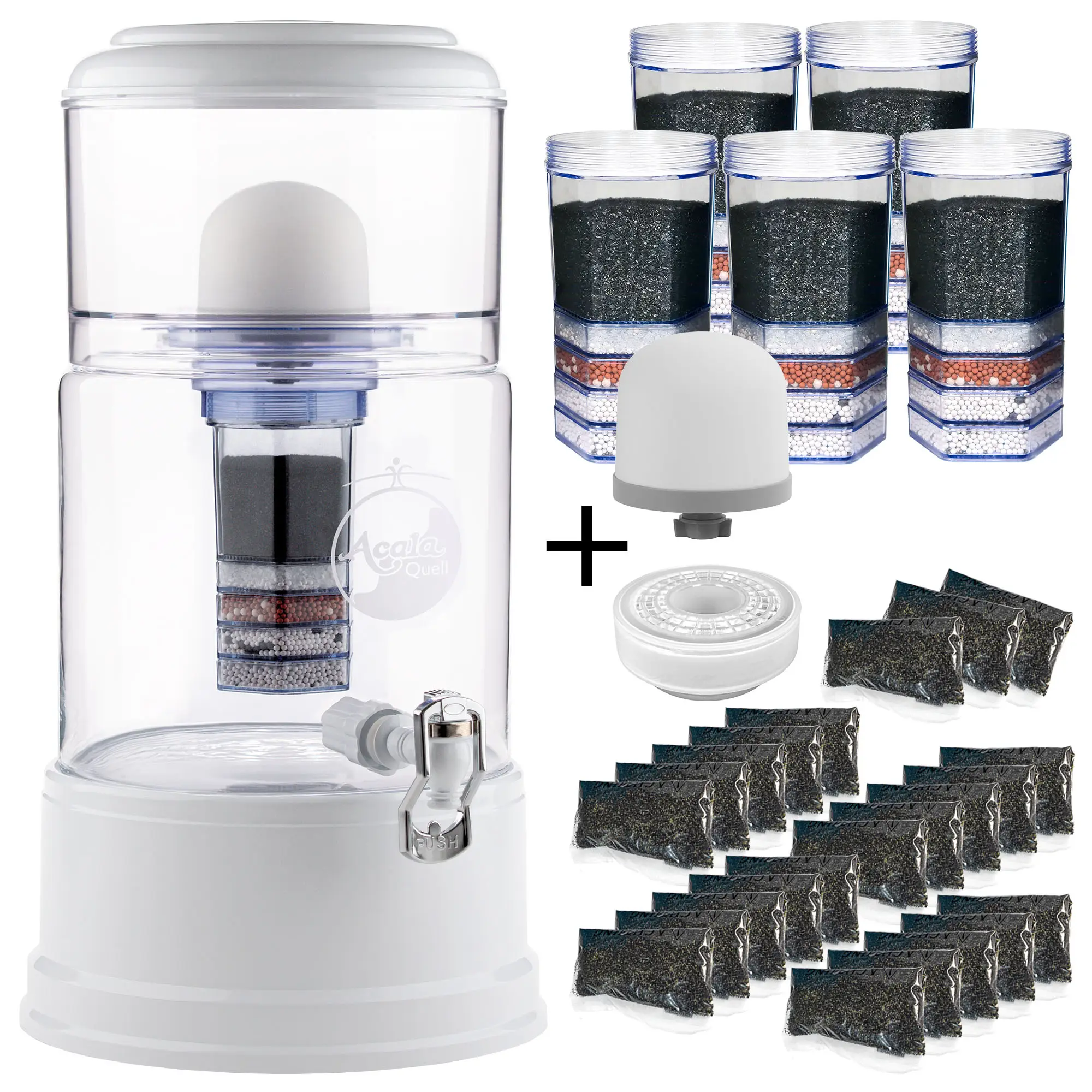 großes Einsteigerpaket AcalaQuell® Advanced Kristallklar/Weiß Zu sehen ist der Acala Advanced in kristallklar-weiß inklusive Filterkartusche + Keramikfilter. Zusätzlich sieht man 5 Filterkartuschen, eine Kalkfilterdose, 23 Kalknachfüllbeutel + 1 Keramikfilter. Man sieht das große Einsteigerpaket für 2 Jahre.