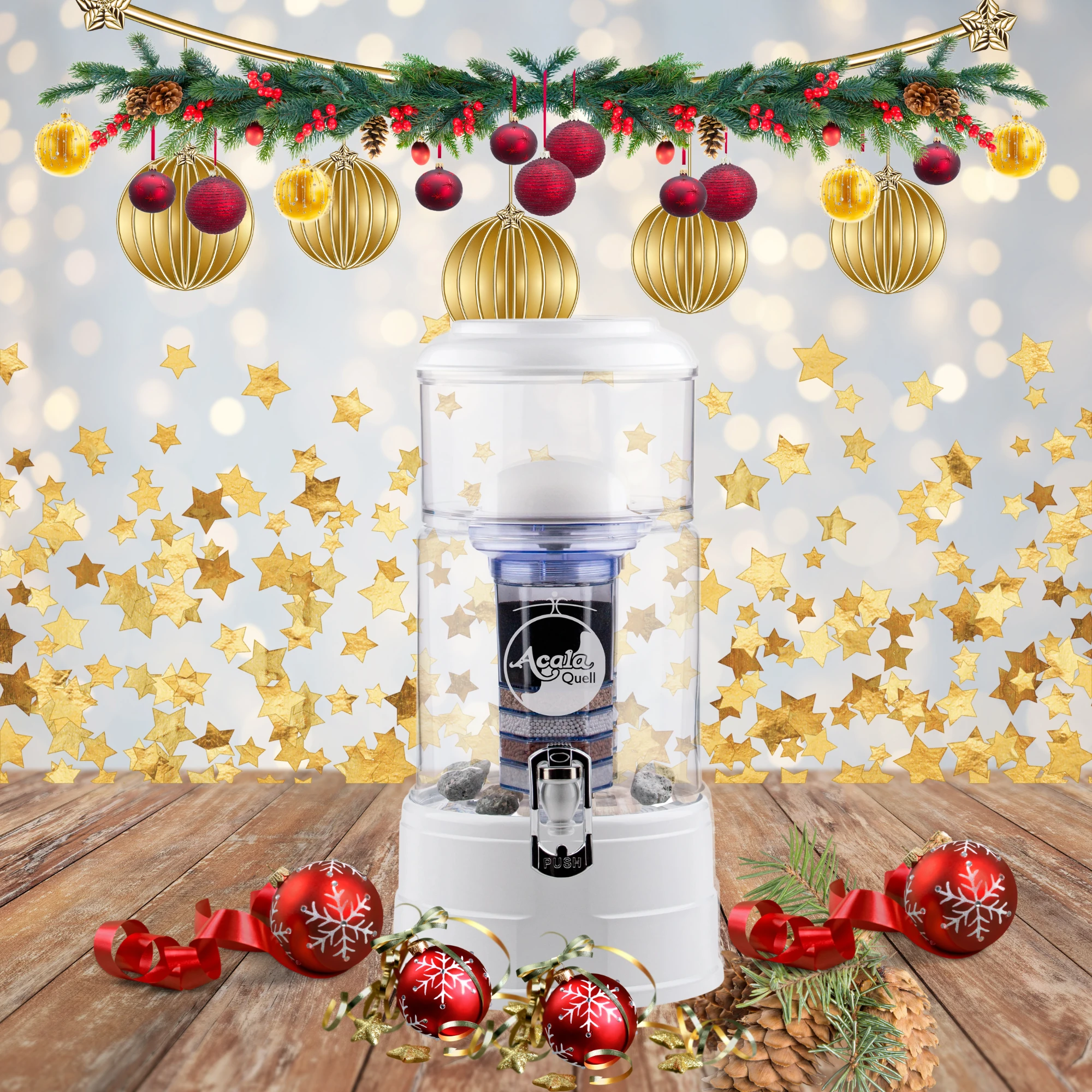 AcalaQuell Mini Stand Wasserfilter kristallklar weiß in weihnachtlicher Atmosphäre.