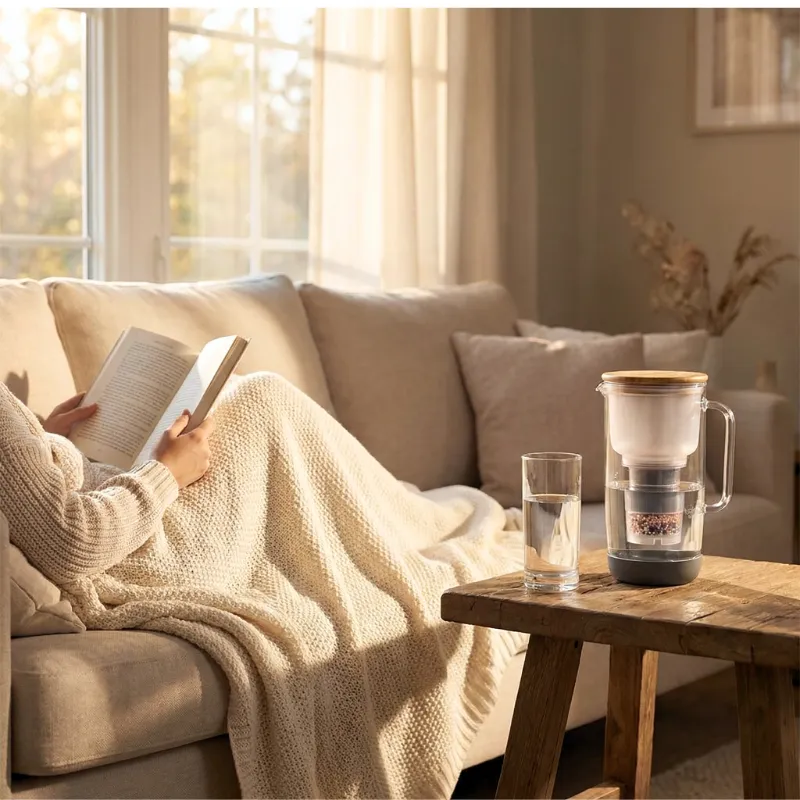 Der kannenfilter Mira steht auf dem Tisch mit einem Glas,halb voll, daneben.Eine Frau liegt mit einer Wolldecke zugedeckt gemütlich daneben auf dem Sofa