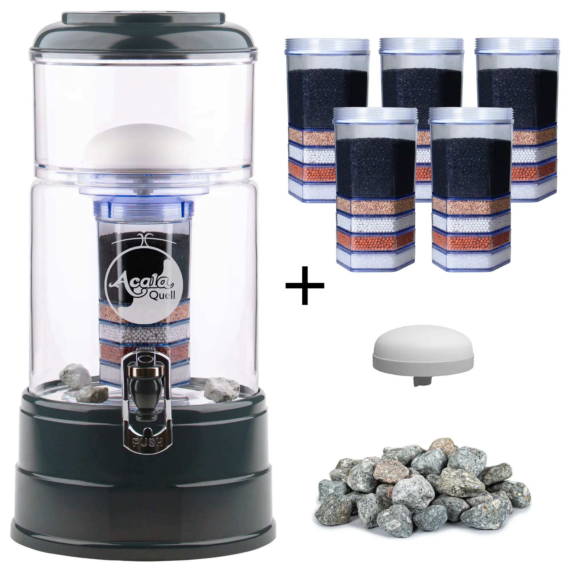 großes Einsteigerpaket AcalaQuell® Mini kristallklar/anthrazit Zu sehen ist der Acala Mini in kristallklar-anthrazit inklusive einer Filterkartusche und einem Keramikfilter. Zusätzlich sieht man 5 Filterkartuschen, einen Keramikfilter und einen Haufen Mineralsteine. Man sieht das große Einsteigerpaket für zwei Jahre.