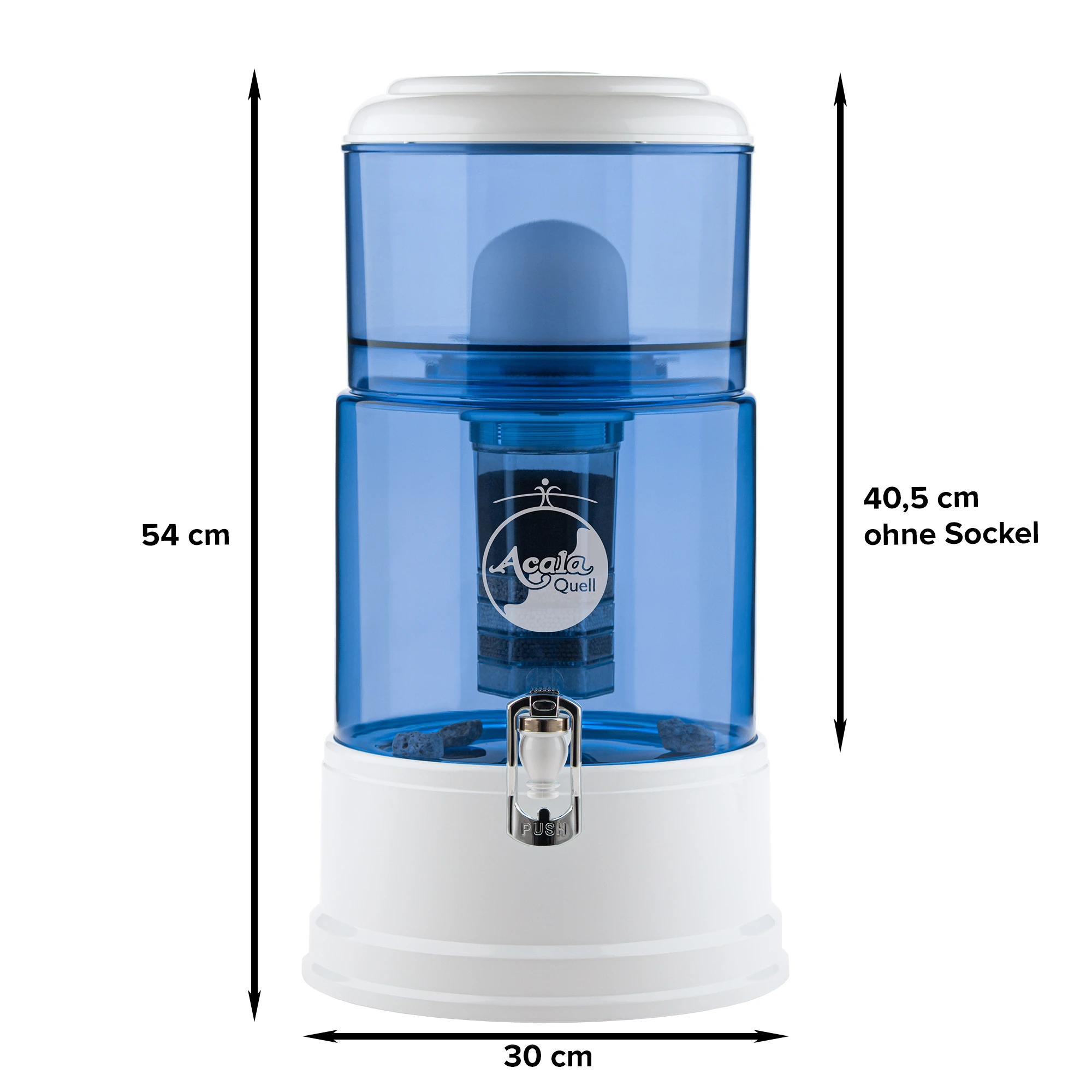 AcalaQuell Smart in blau-weiß vor weißem Hintergrund. Mit schwarzen Pfeilen sind die Maße gekennzeichnet.