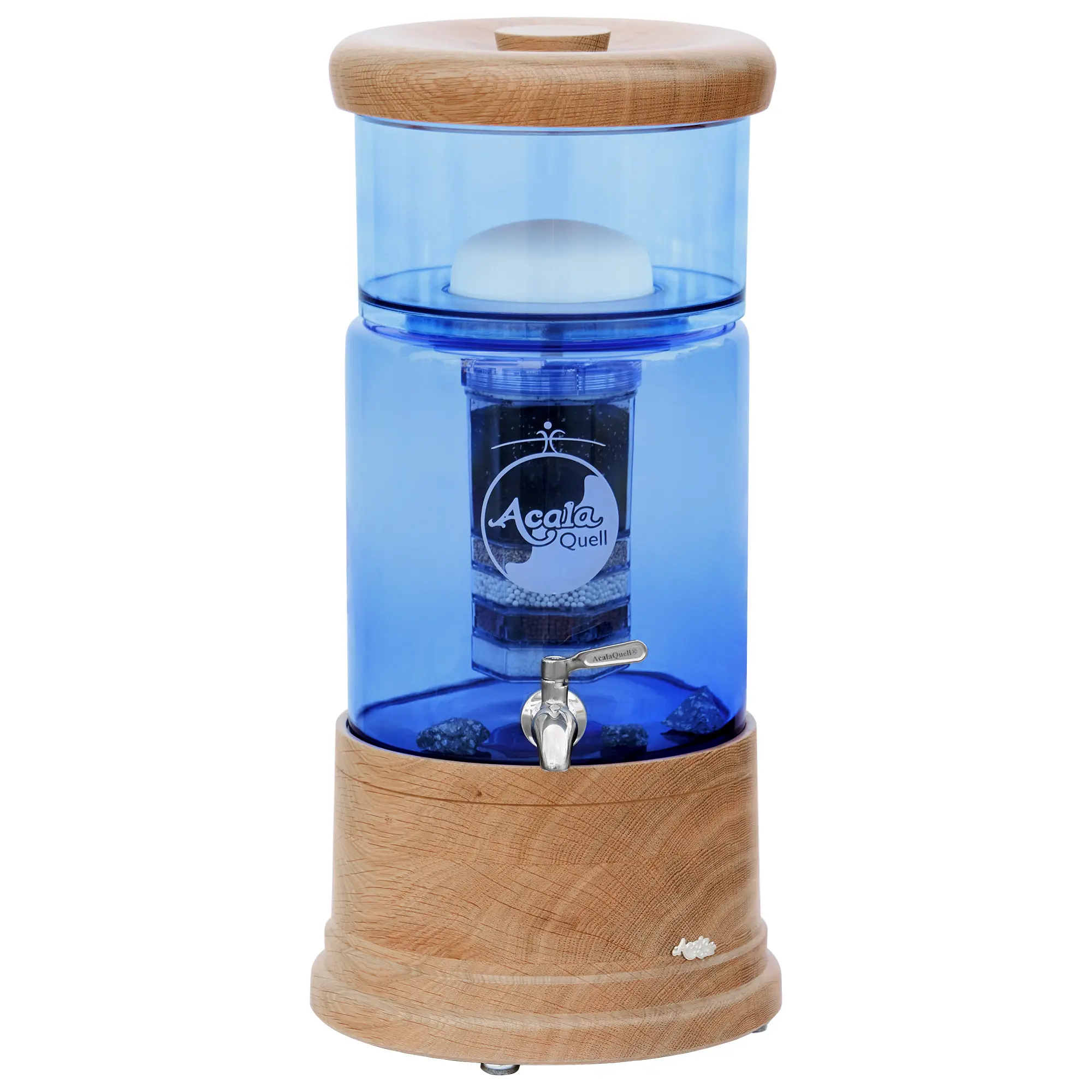 AcalaQuell Mini mit Glastank in blau und Echtholzsockel und Deckel aus Eiche, weißer Hintergrund.