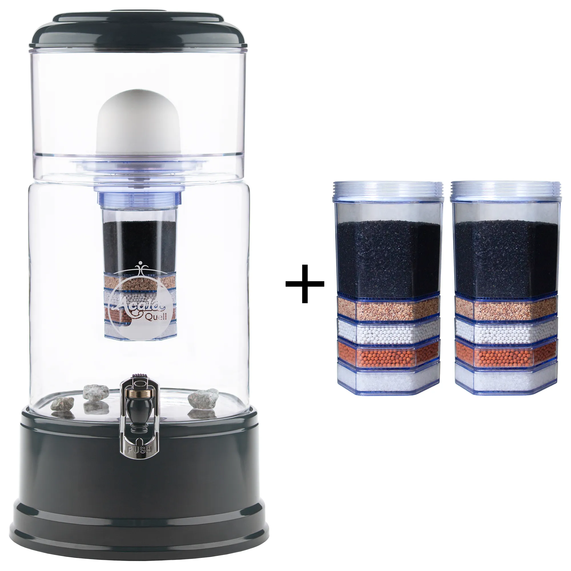 Einsteigerpaket AcalaQuell® Grande Kristallklar/Anthrazit Zu sehen ist der Acala Wasserfilter Grande in kristallklar-anthrazit inklusive einer Filterkartusche und einem Keramikfilter. Zusätzlich sieht man zwei Filterkartuschen. Das Bild zeigt das Einsteigerpaket für ein Jahr.