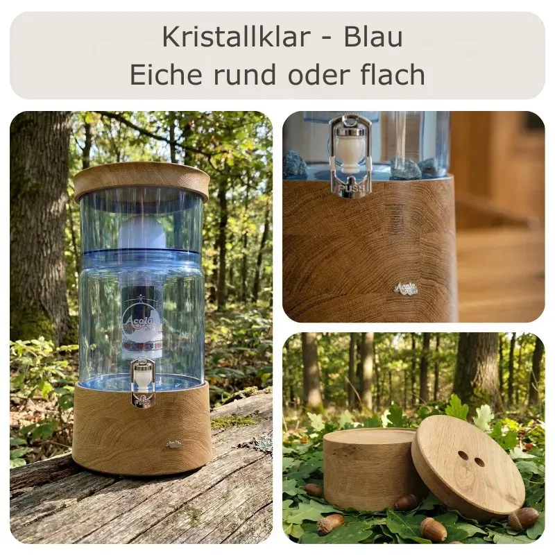Übersicht AcalaQuell Grande Wasserfilter in blauem und kristallklarem Glas mit flachem und rundem Holzdeckel sowie Sockel aus Echtholz.