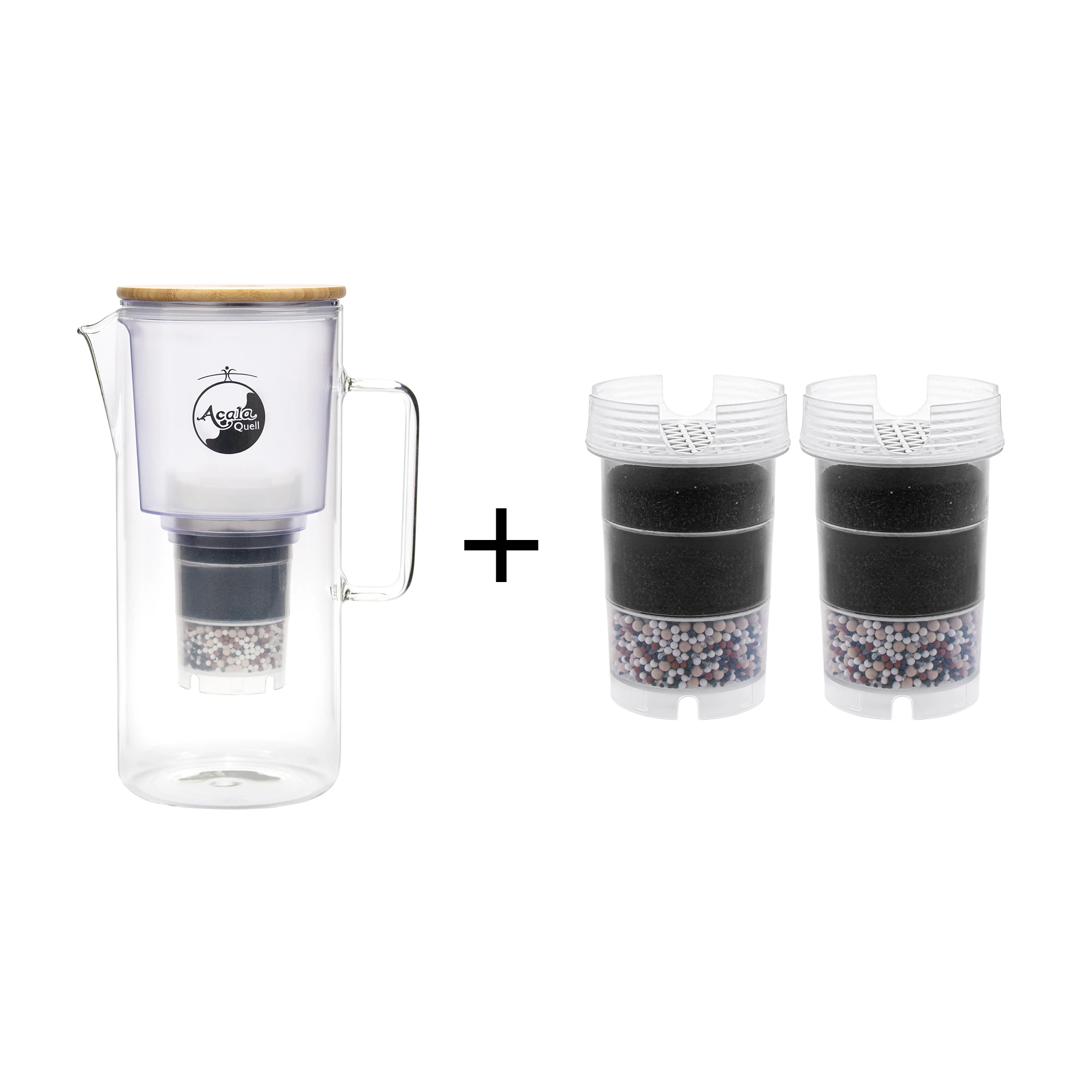 AcalaQuell Glas Kannen Wasserfilter Silizia plus zwei zusätzliche Filterkartuschen vor weißem Hintergrund.