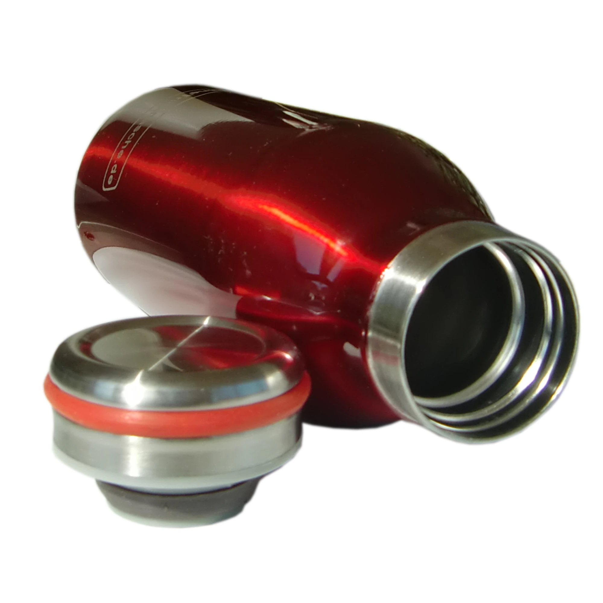 Thermosflasche mit blickrichtung ins Innere der Flasche, die Flasche ist rot und daneben liegt der Deckel in Edelstahl mit rotem Rand.