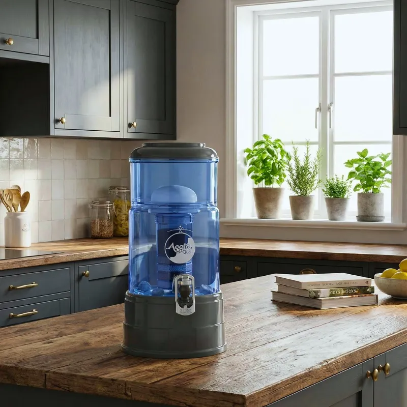 Der Wasserfilter mini steht mit blauem Glas und blauem oberen Tank Android Fahrbahn im Deckel und Sockel in einer Küche mit Holzarbeitsplatte und anthrazitfarbenen Pfronten