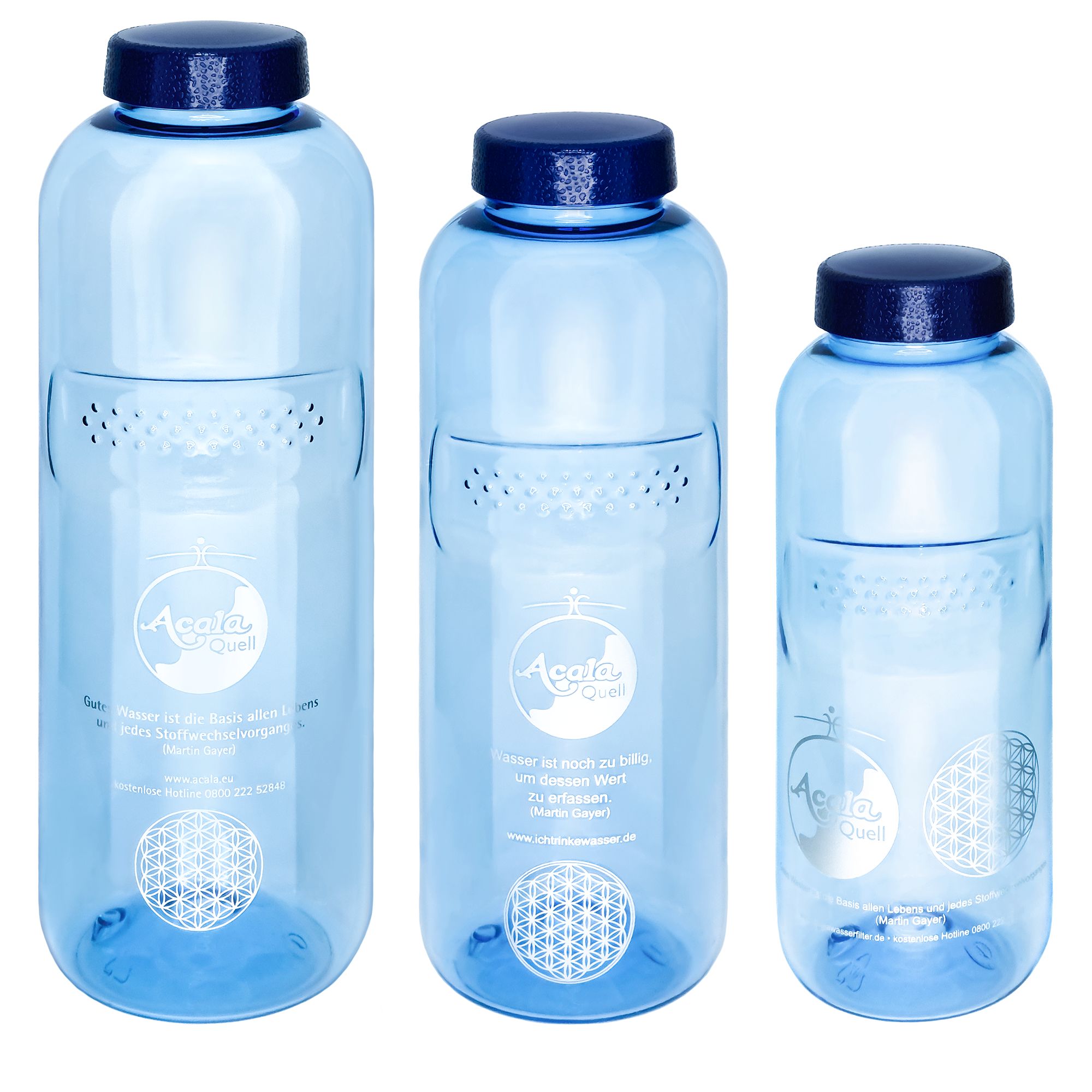 Tritan Flaschen Grip Optimal-Set 3 blaue Tritan Trinkflaschen verschiedener Größe mit dunkelblauem Schraubdeckel, weißer Hintergrund.