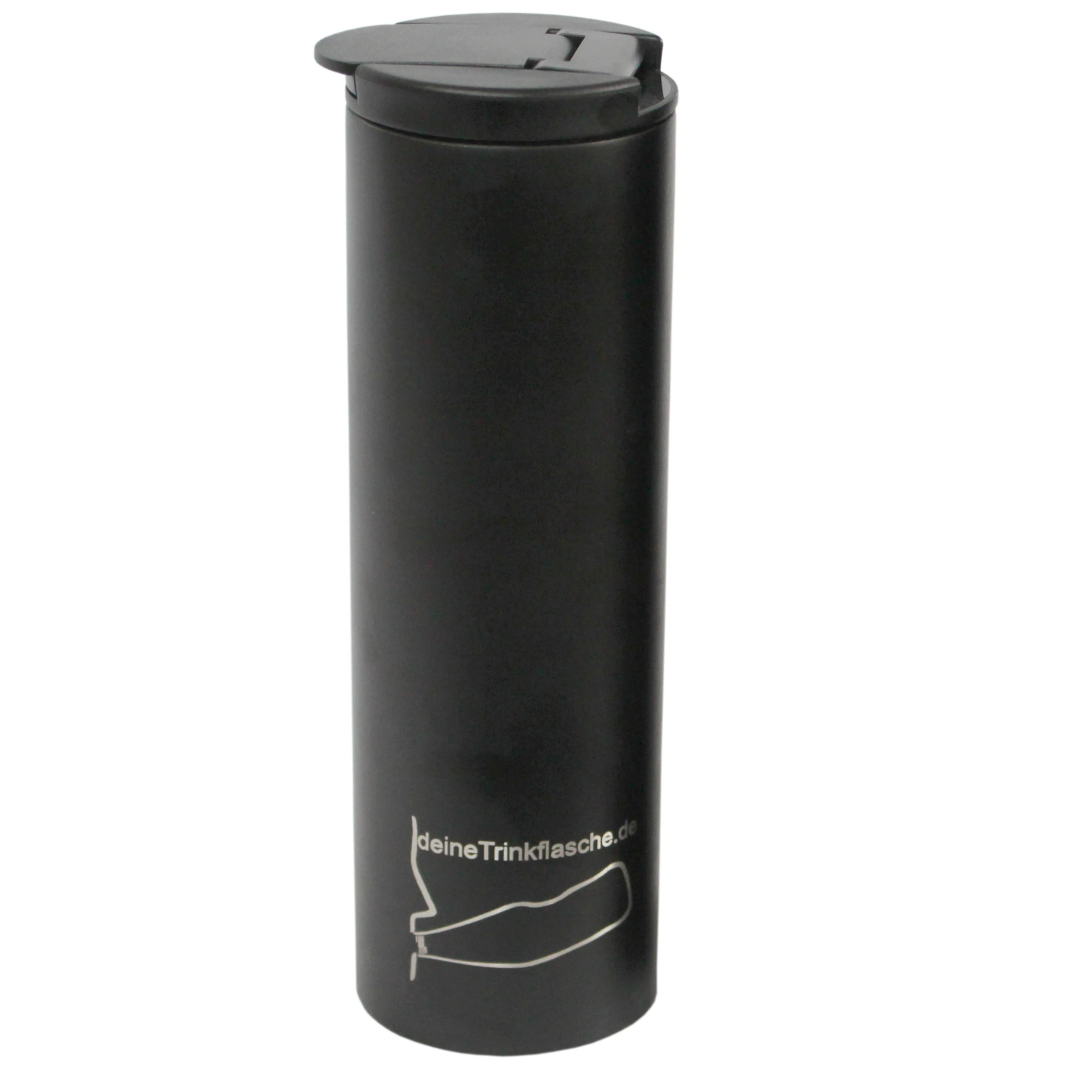 Thermobecher DT 507 Schlanker, schwarzer Thermobecher mit Deckel vor weißem Hintergrund.