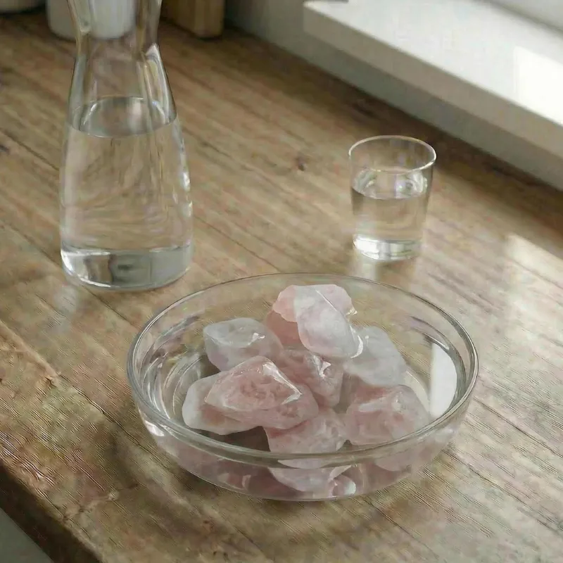 In einer Schale aus Klaas liegen Rosenquarze in Wasser daneben steht eine Karaffe mit Wasser und ein Glas Mit Wasser gefüllt