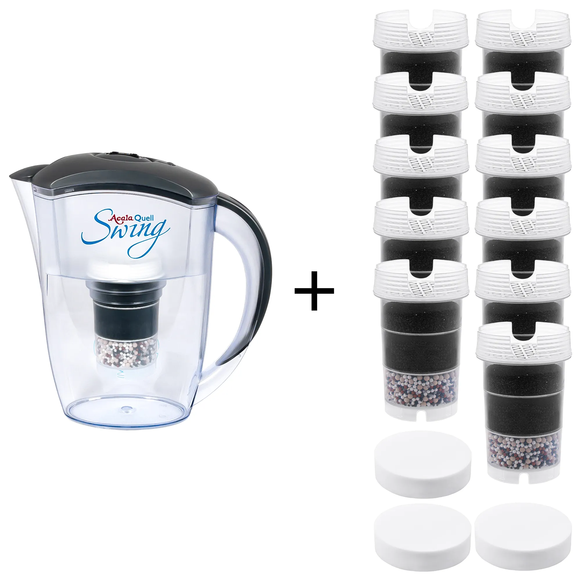 AcalaQuell® Swing - großes Einsteigerpaket Acala Quell Kannen Wasserfilter Swing mit Deckel und Griff in anthrazit inklusive einer Filterkartusche und einem Mikroschwamm plus elf Filterkartuschen und 3 Mikroschwämme. Mit diesem großen Einsteigerpaket ist man für zwei Jahre versorgt.