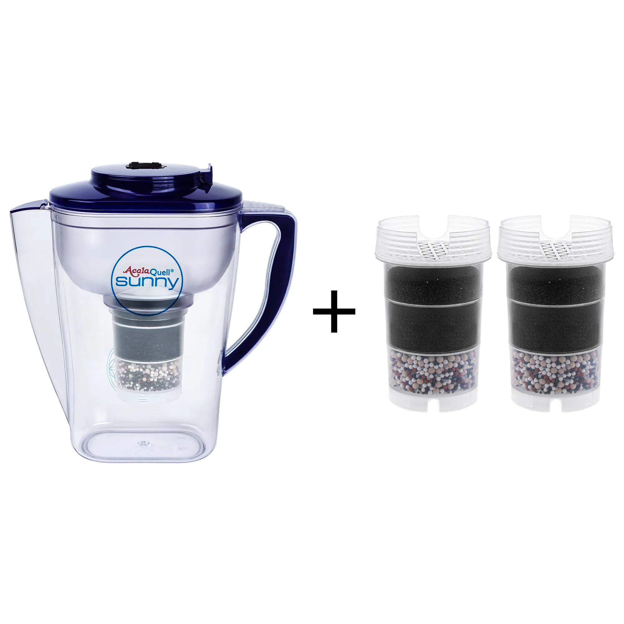 Acala Quell Kannen Wasserfilter Sunny mit Deckel und Griff in dunkelblau inklusive einer Filterkartusche und einem Mikroschwamm plus zwei Filterkartuschen. Mit diesem kleinen Einsteigerpaket ist man für ein halbes Jahr versorgt.