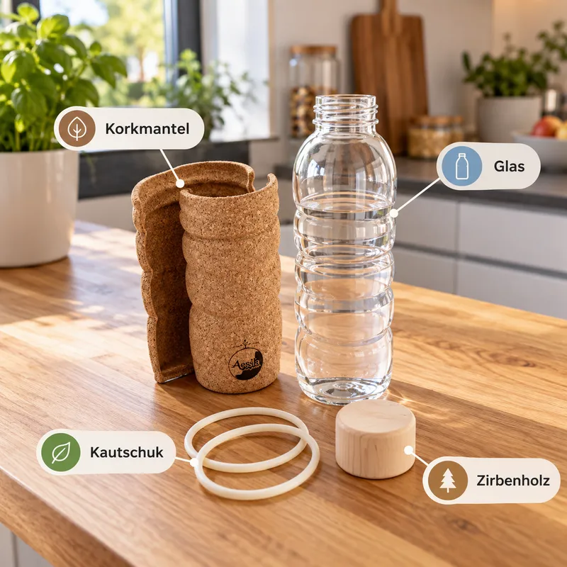 Die Glasflasche die Ummantelung aus Kork die Kautschuk Gummis die den Kork an der Flasche halten und der Zirbenholzdeckel Einzeln dargestellt mit Beschriftung