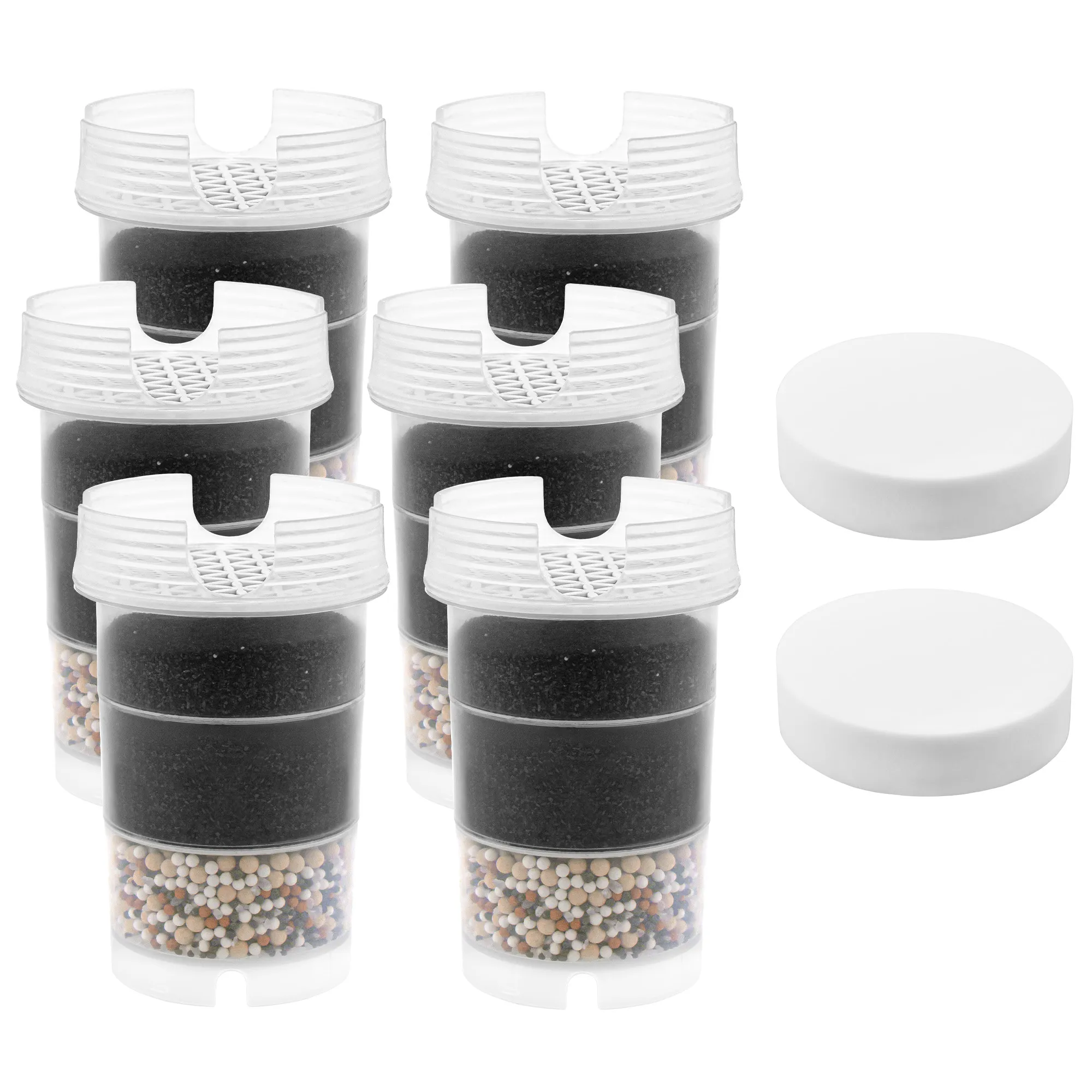 Jahrespaket Kartusche|AcalaQuell® Wasserfilter-Kanne│Mikroschwamm Sechs Filterkartuschen für AcalaQuell Kannenwasserfilter ONE, Swing, Sunny, Wassetto und Silizia vor weißem Hintergrund, daneben liegen zwei weiße Mikroschwämme. Mit diesem Jahrespaket kann man zwölf Monate Wasser filtern.
