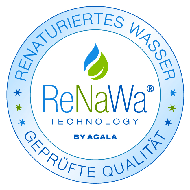 Logo für Renawa Technolog, ein rundes Logo ,in der Mitte sind 2 Blätter in Blau und grün die zu einem Tropfen stilisiert sind