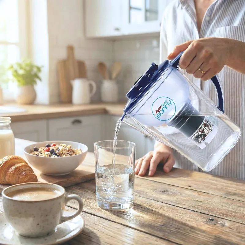 Acalaquell Sunny In Blau Ein Mann hält ihn in der Hand und gießt Wasser in ein Glas