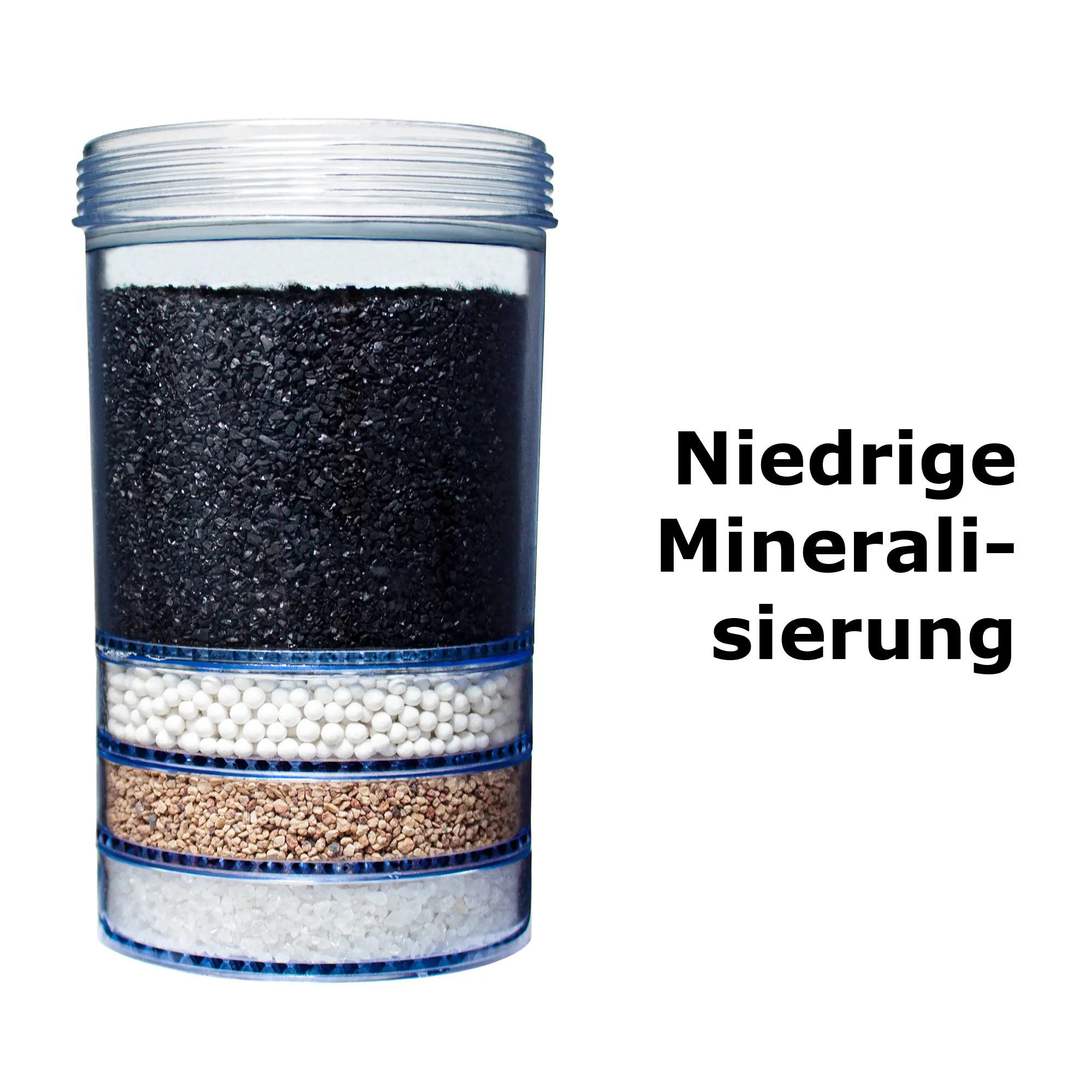 AcalaQuell® Essence Kartusche für AcalaQuell® Smart/Luna/Grande/Mini/ Midi Essence Filterkartusche für die Acala Stand Wasserfilter. Rechts daneben steht in schwarzer, fetter Schrift niedrige Mineralisierung.