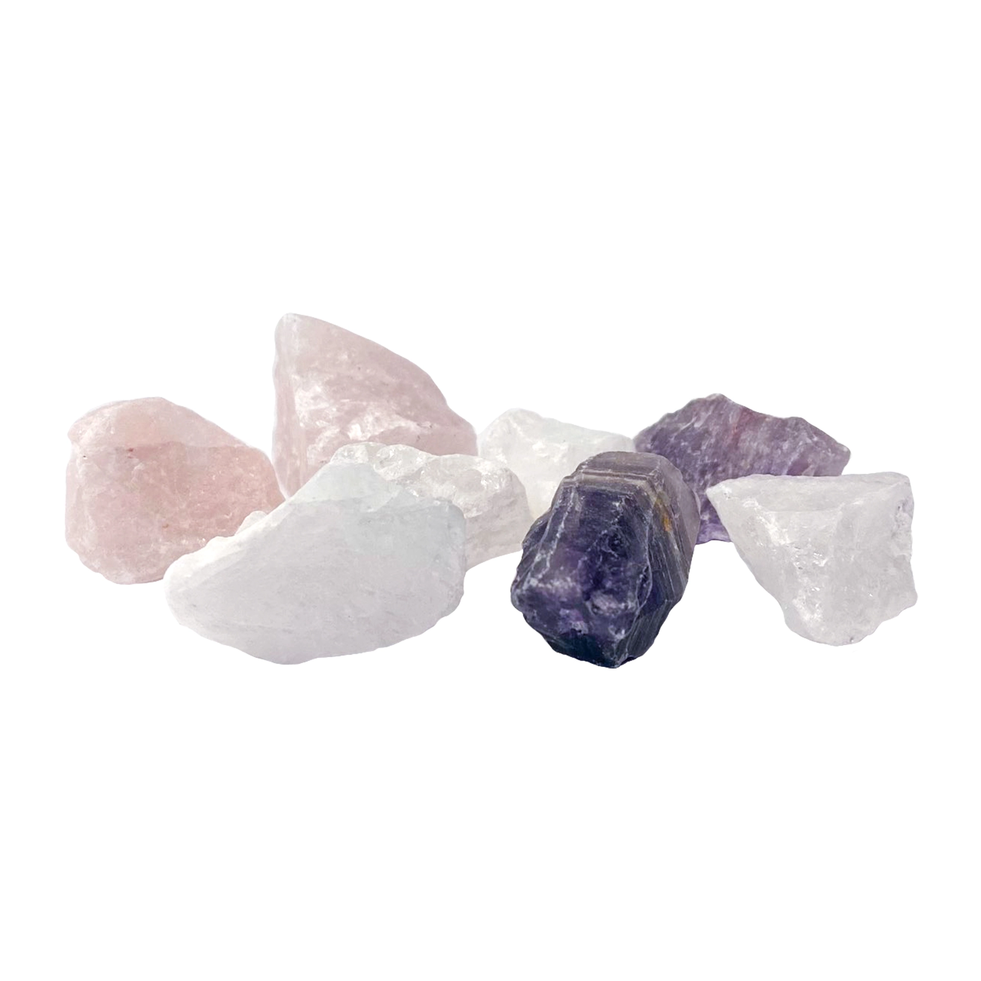 Kleines Wassersteine Set, bestehend aus mehreren kleinen Wassersteinen, wie Rosenquarz, Bergkristall und Amethyst, vor weißem Hintergrund. Die Steine sind weiß, rosa und lila.