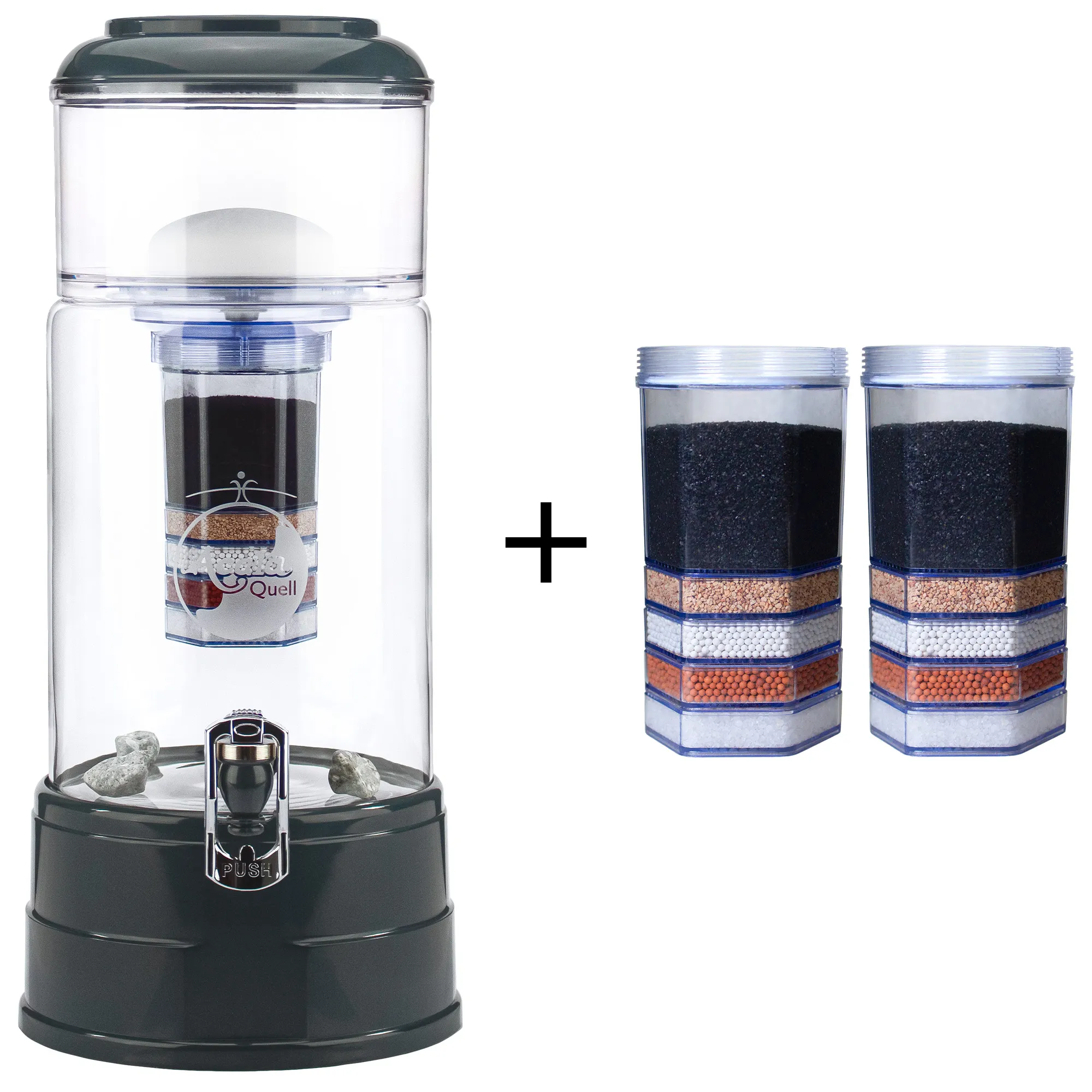 Zu sehen ist der Acala Wasserfilter Midi in kristallklar-anthrazit inklusive einer Filterkartusche und einem Keramikfilter. Zusätzlich sieht man zwei Filterkartuschen. Das Bild zeigt das Einsteigerpaket für ein Jahr.