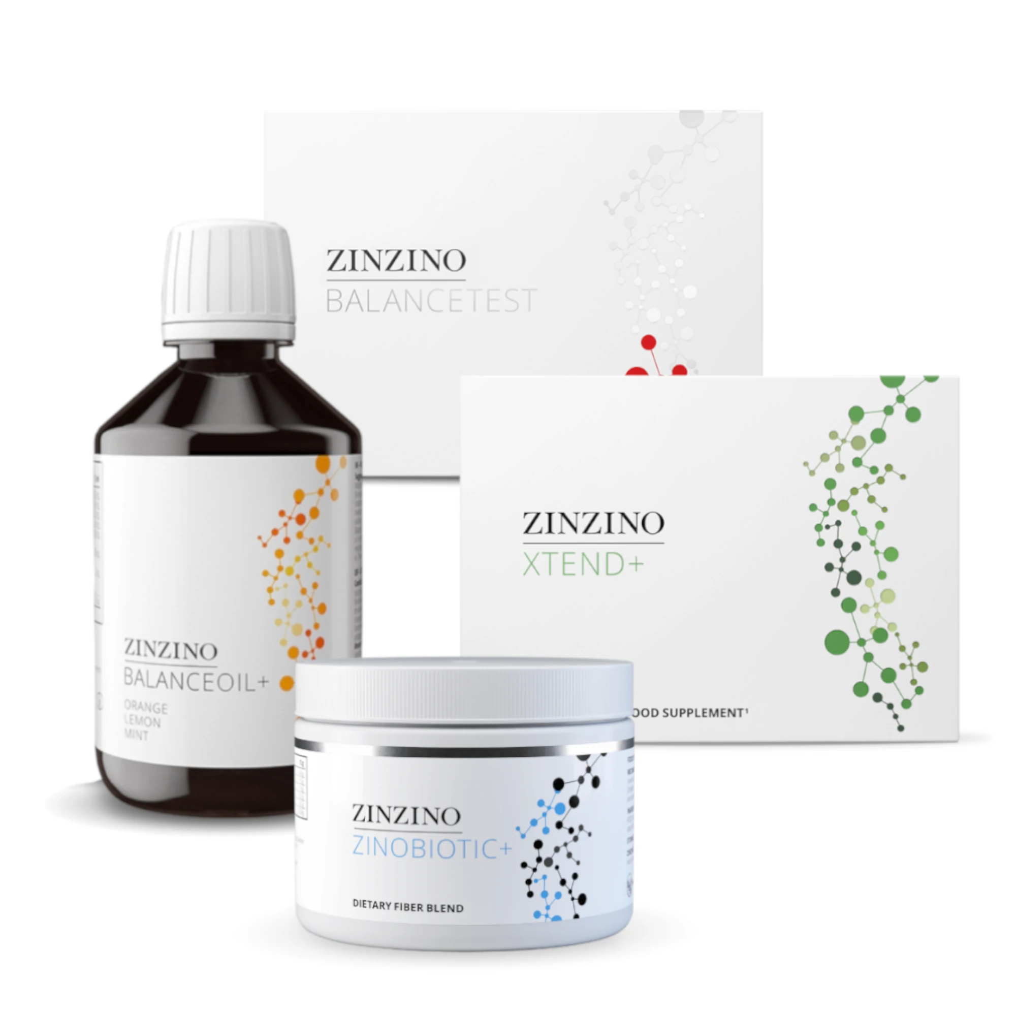 4 Produkte von Zinzino, das Öl, Pulver für Darmbakterien, Zinzino Xtent und ein Test für  Omega im Blut
