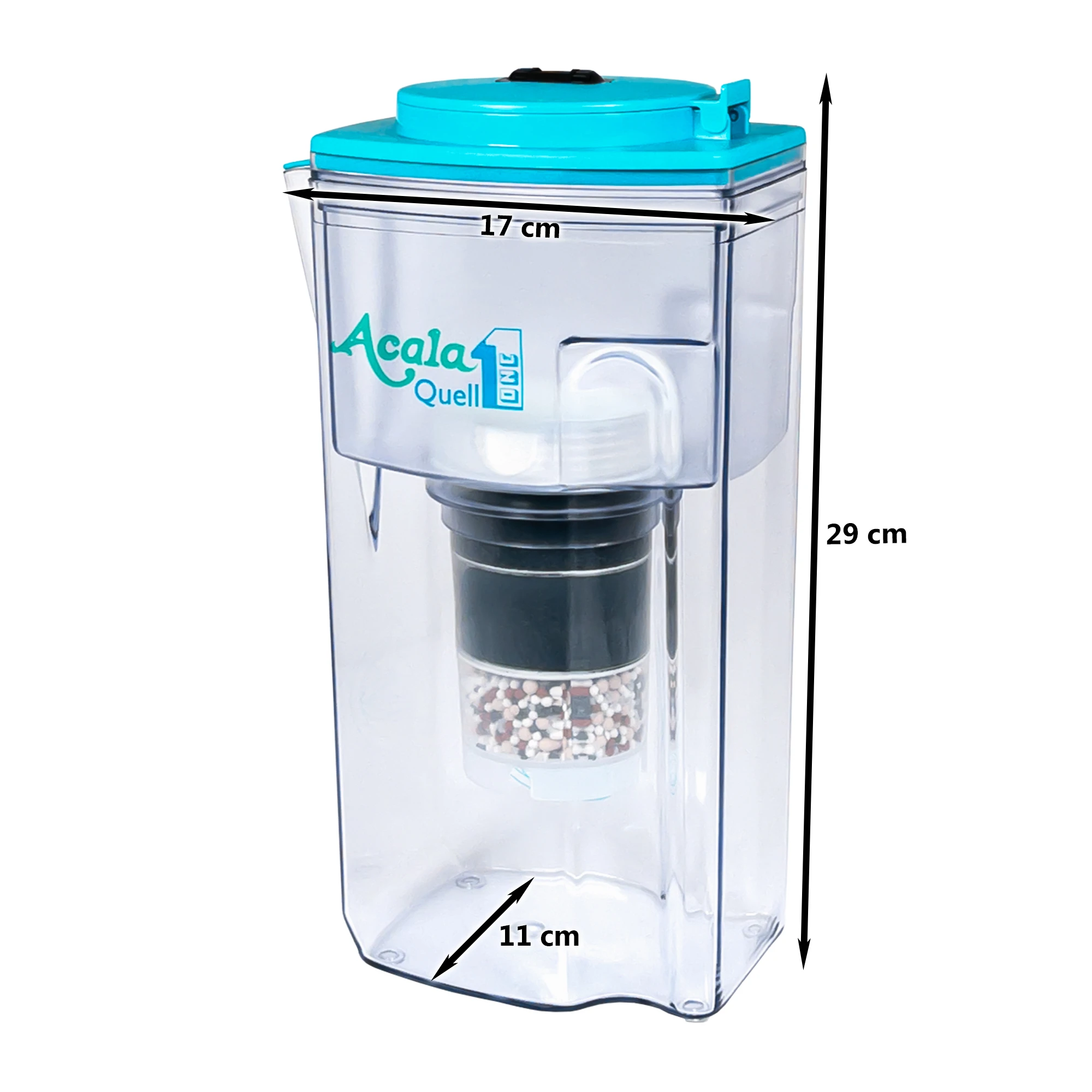 acalaquell-kannenfilter-one-hellblau-maße-tischwasserfilter-von-acala Zu sehen ist der Acala ONE inklusive einer Filterkartusche und einem Mikroschwamm mit Deckel in hellblau, weißer Hintergrund. Man schaut frontal auf den Filter und sieht den Aufdruck AcalaQuell1. Am Filter sind Pfeile mit Maßen.