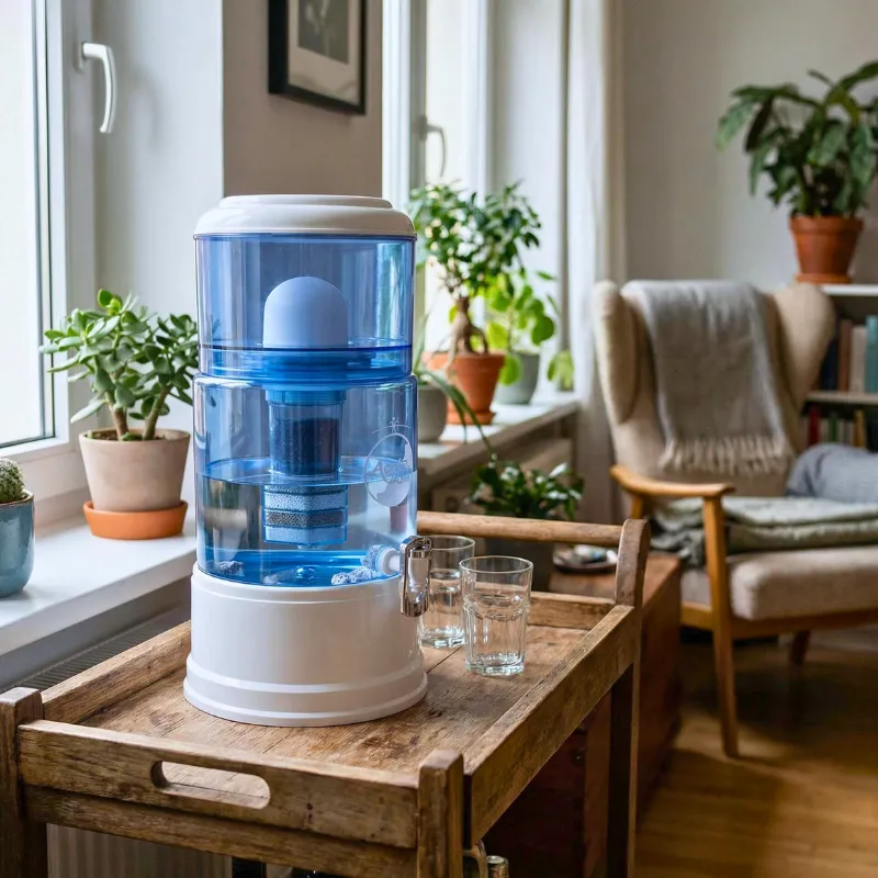 Smart Wasserfilter mit blauem Glas, auf einem Servierwagen