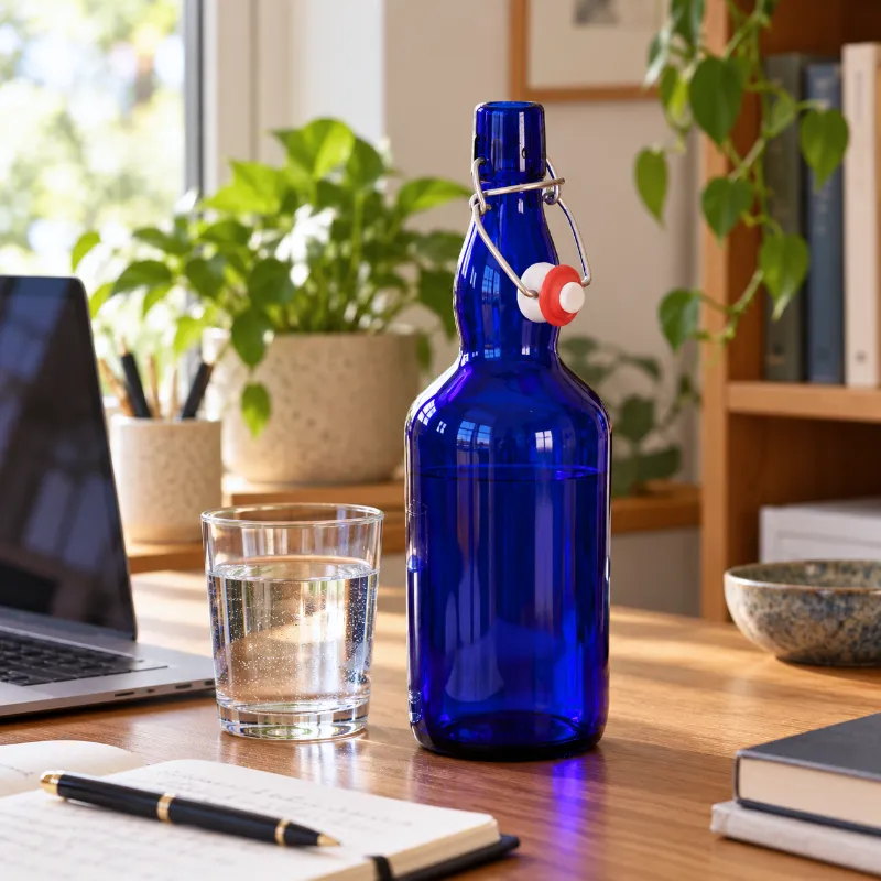 Blauglasflasche mit geöffnetem Bügelgriff Im Büro Neben einem Glas Wasser