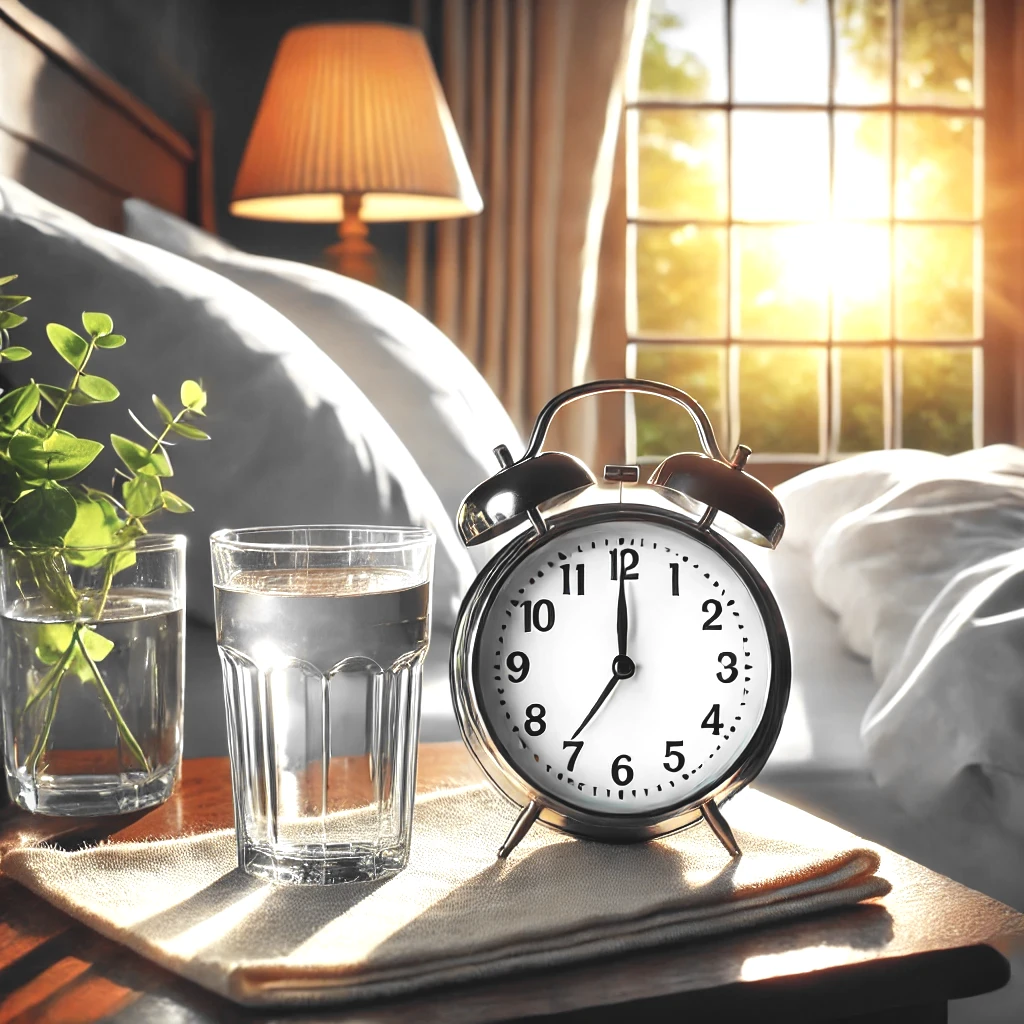 Schlafzimmer bei Sonnenaufgang. Im Vordergrund auf einem kleinen Tisch ein mit Wasser gefülltes Glas, daneben ein Wecker.