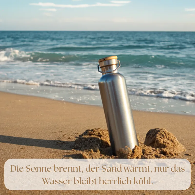 AcalaQuell Isolierflasche Thermie 1L Thermoskanne Therme ist an einem Strand und steckt im Sand
