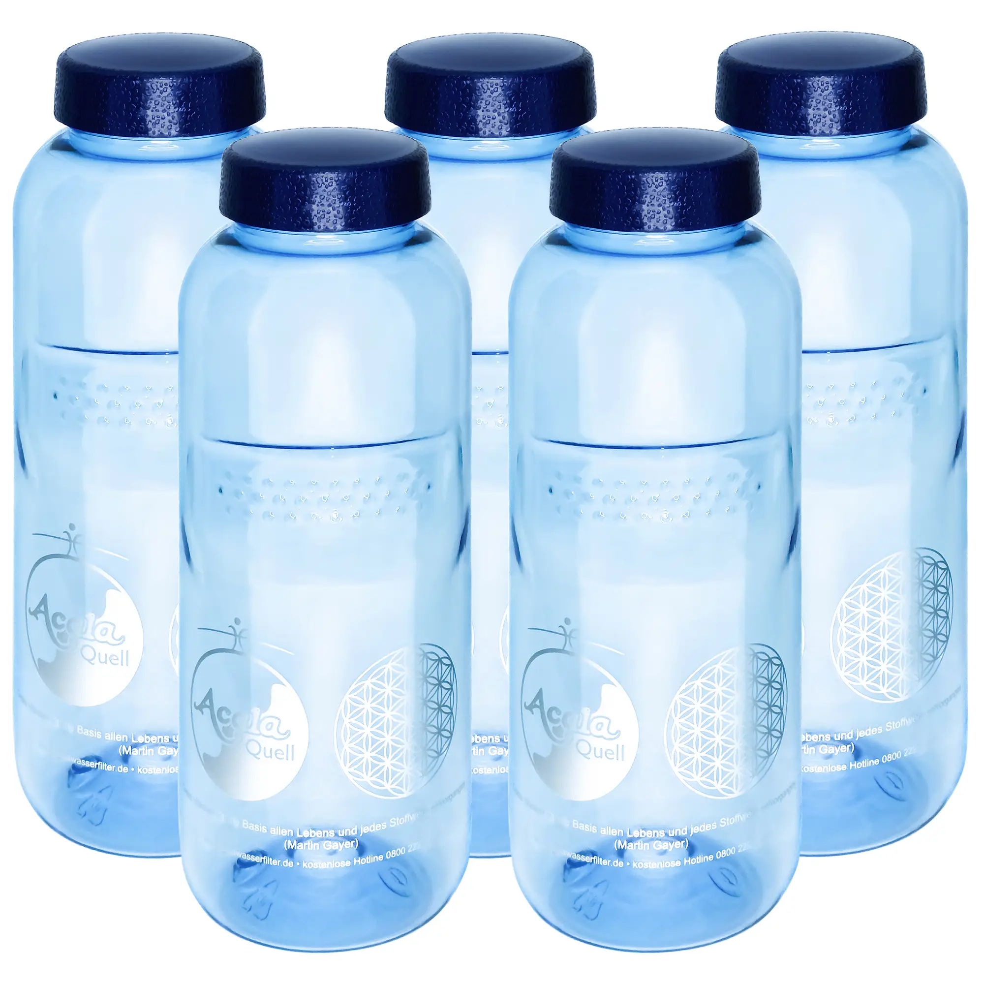 5er Set Acala Trinkflasche Grip 0,5 L aus Tritan Fünf blaue Tritan Trinkflaschen Grip 0,5L mit dunkelblauem Schraubdeckel vor weißem Hintergrund.